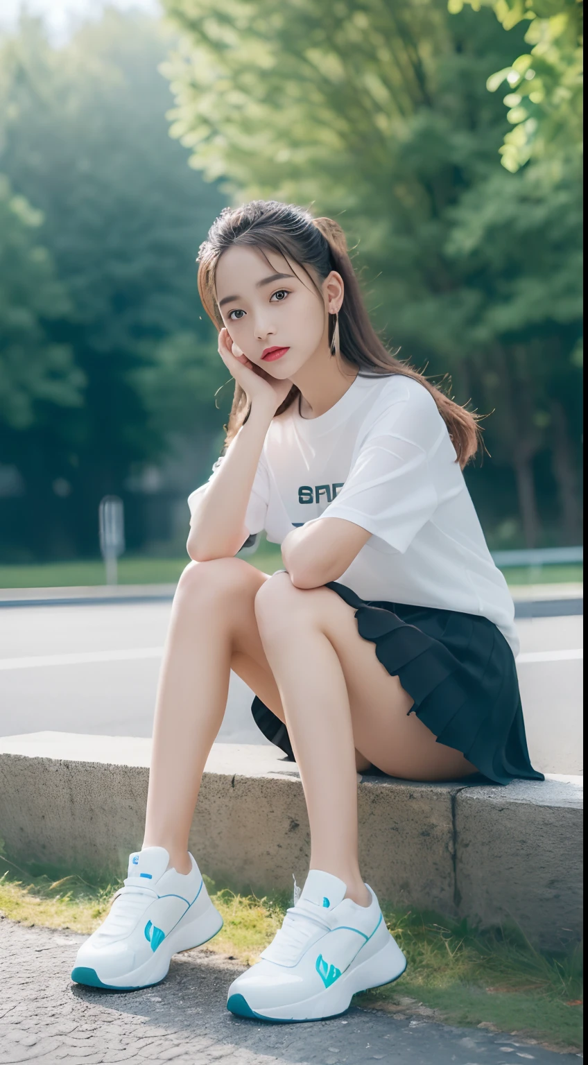 ((Best picture quality, 8K, tmasterpiece:1.3)), 1girll,(mini-skirts:1.3),(wet see through clothes:1.4),(athletic sneakers:1.3),Sit Pose