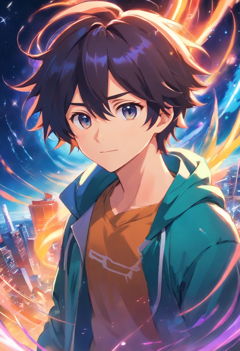 Close-up de um homem com cabelo colorido, Anime boy with cosmic hair, vitalidade suave de Ross, obra no estilo Guvez, estilo de arte de fantasia, colorido], estilo de fantasia vibrante, Ross cartoon cheio de vitalidade, cosmic and colorful, Guweiz, Arte de fantasia digital colorida, estilo de arte impressionante, Estilo anime bonito, pele branca, Traje do Homem-Aranha, 14k