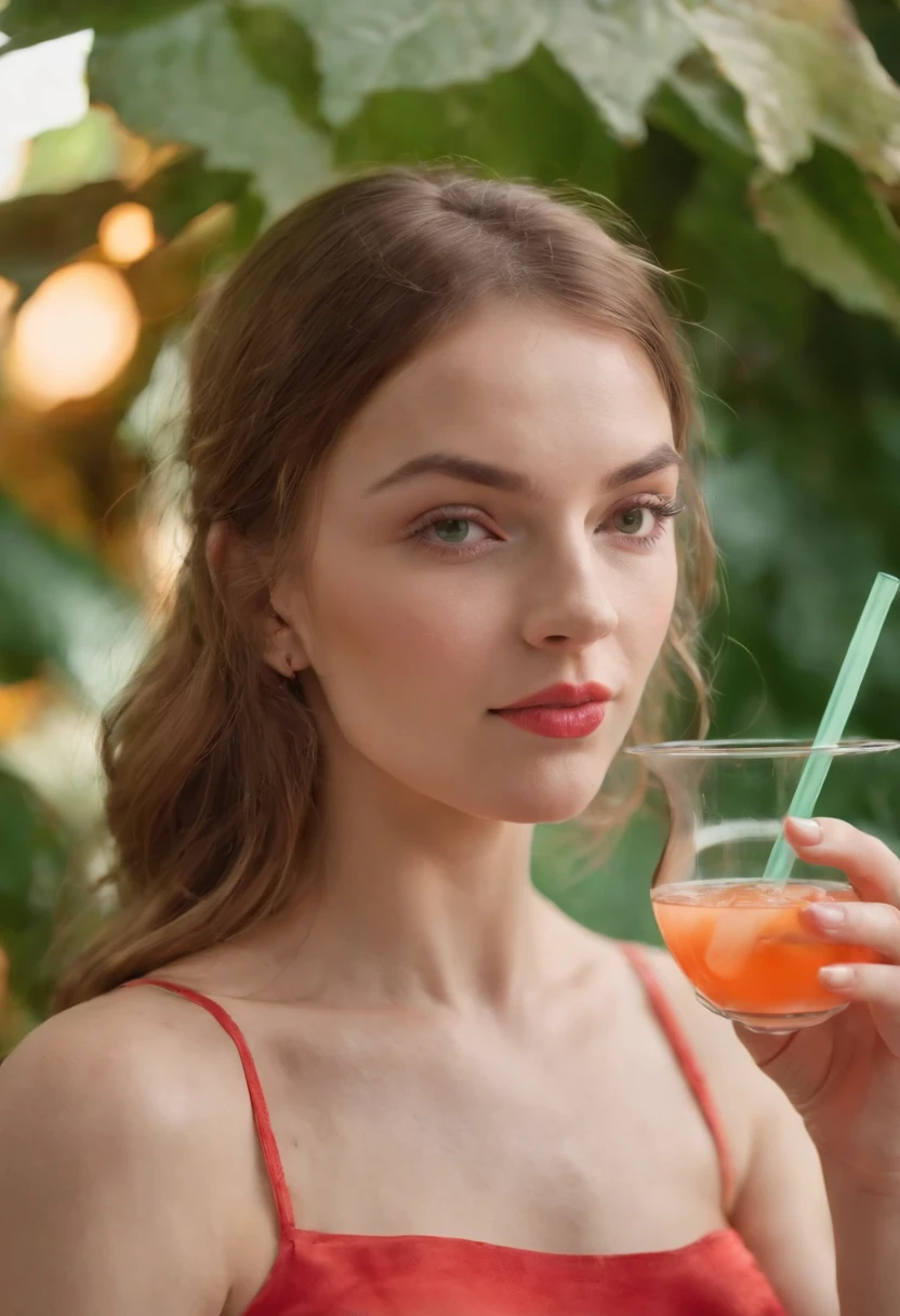 a young woman , fruit and cocktail, in the style of light red and light emerald, humorous imagery, wimmelbilder, close up,medium shot