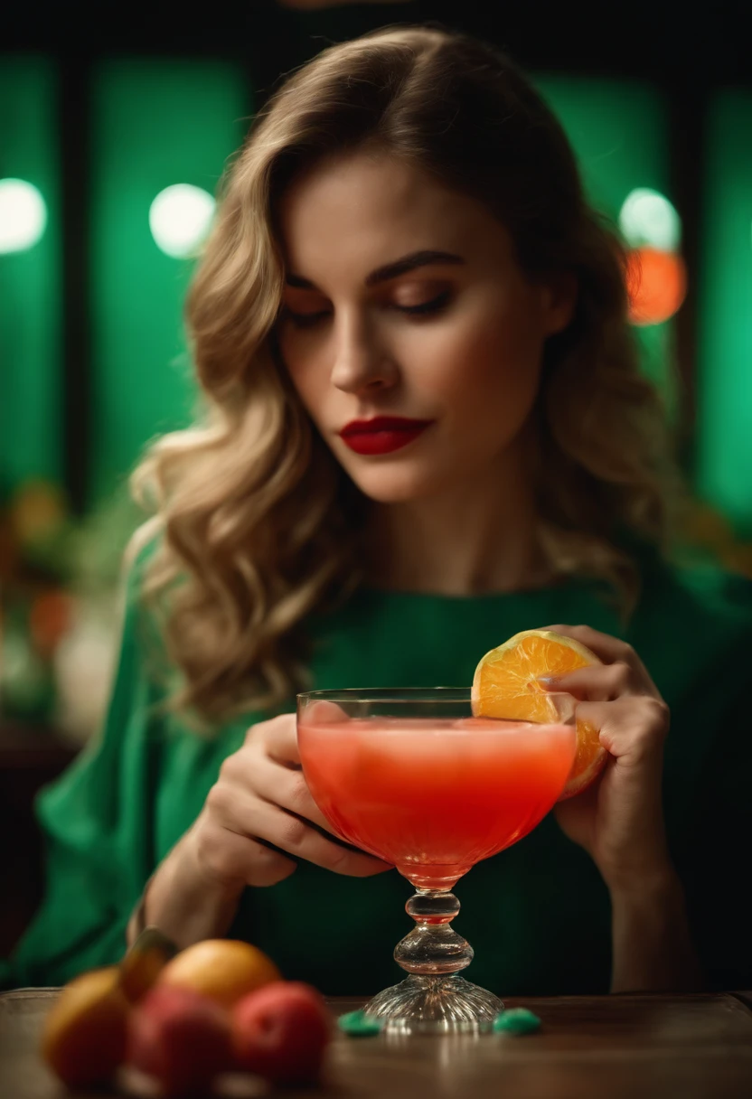 a young woman , fruit and cocktail, in the style of light red and light emerald, humorous imagery, wimmelbilder, close up,medium shot