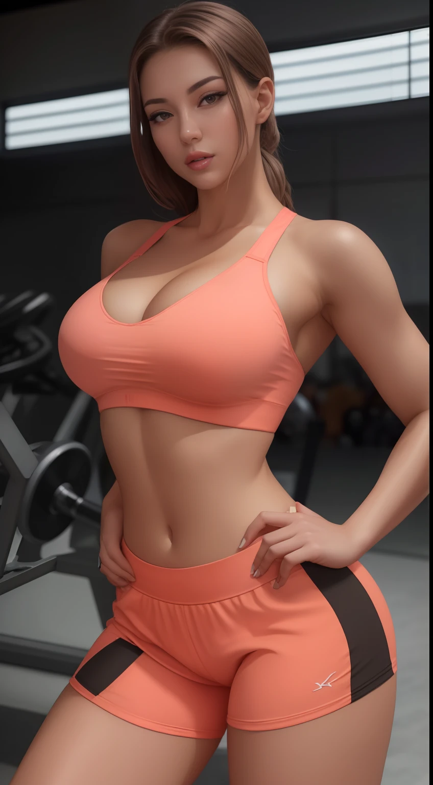 Ultra detail, high resolution, Ultra detailed, Best quality, Amazing, Top quality,Unified 8K wallpapers, Cinematic lighting, (fully body photo),Miss World,Sporty sexy beauty,The figure is bumpy,Wear a sports bra,Wearing gym shorts,Peach buttocks,gigantic cleavage breasts,Sweating profusely(Wet temptation)。