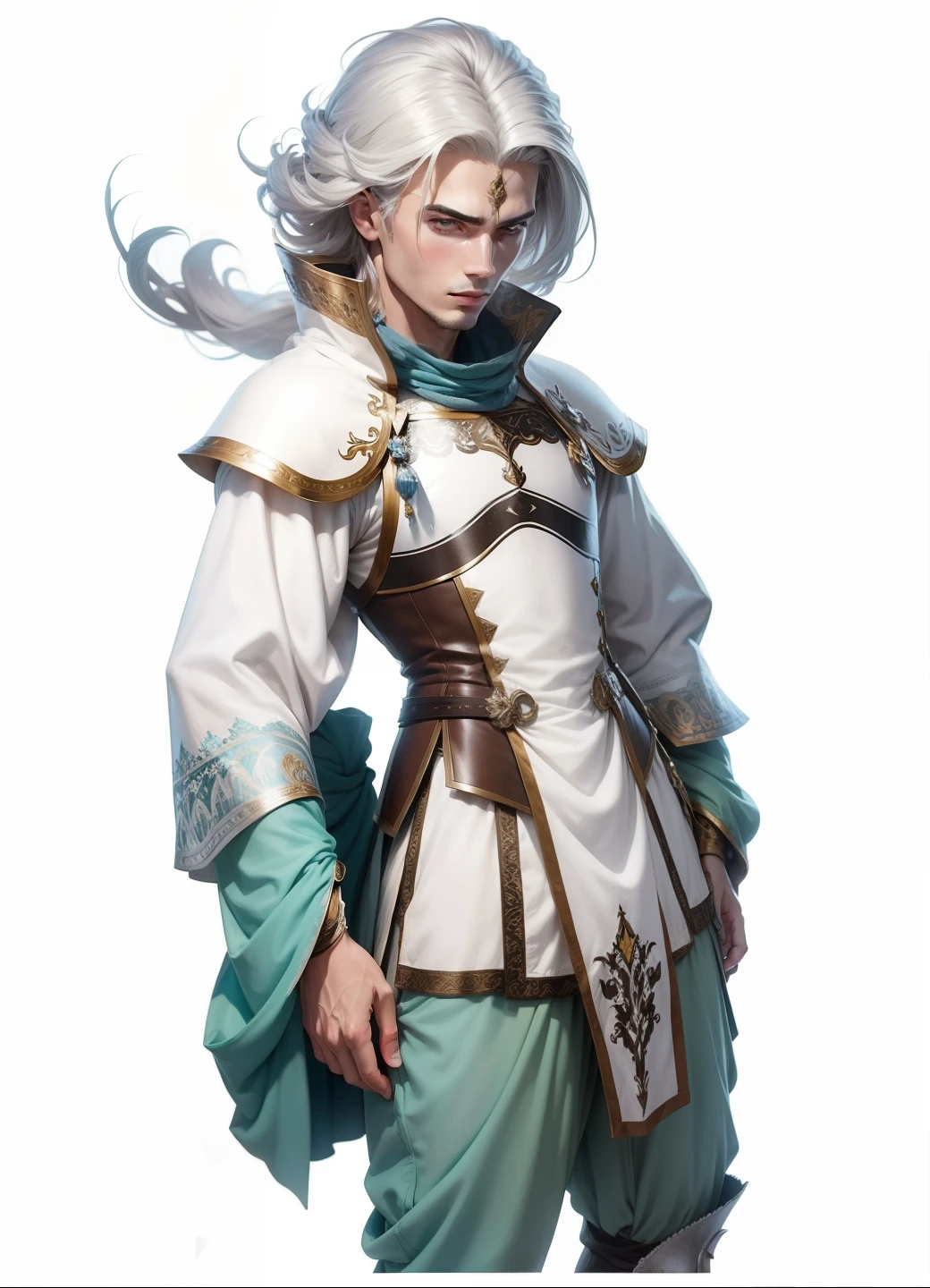 Homem cabelo branco com mechas pretas,roupas medievais