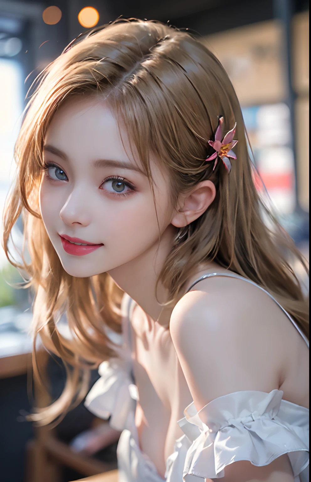(A hyper-realistic)、(illustratio)、(hight resolution)、(8K)、(ighly detailed)、(Best Illustration)、(beautifully detailed eyes)、(top-quality)、(ultra-detailliert)、(​masterpiece)、(wall-paper）、（A detailed face）、独奏、a 1 girl、fullllbody、(Burst breasts:1.5)、Complex summer clothes、cleavage of the breast、Stage costumes、a miniskirt、frilld、Ren Hao、female idol、Eyes on the viewer、Detailed eyes and mouth、A detailed face、stage、lowkey、pureerosfaceace_v1、Happy smiling face、a blond、Clean bangs、Beautiful teeth alignment、Blushing cheeks、Watching from above、backs、s ass