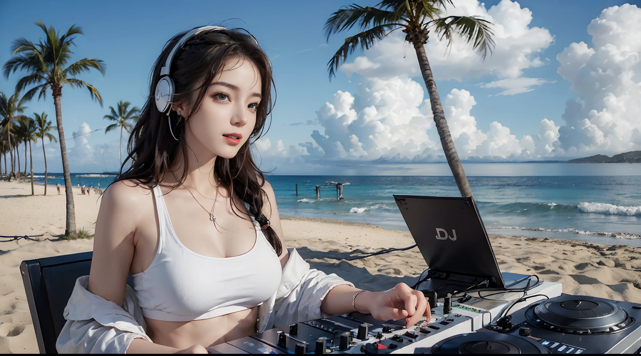 ((best qualtiy, 8K, tmasterpiece:1.3)), edgy:1.2, A beautiful woman with a perfect body:1.4, Slim Abs:1.2, ((Layered hairstyle, Medium Tits:1.5)), (Athens,the street:1.2),saturated:1.5,Highly detailed facial and skin texture,A detailed eye,Double eyelidd,Look at the camera sideways,open shirt,navels,exposed navel,Cover your chest with your hands,hands on breasts, Sunny weather, seaside, waves, palm tree, White tank top and ripped shorts, seaside, waves, palm tree, seaside, waves, palm tree, seaside, waves, palm tree, seaside, waves, palm tree,(Wear large headphones for DJs), (Woman manipulating DJ mix equipment), (Laugh happily)