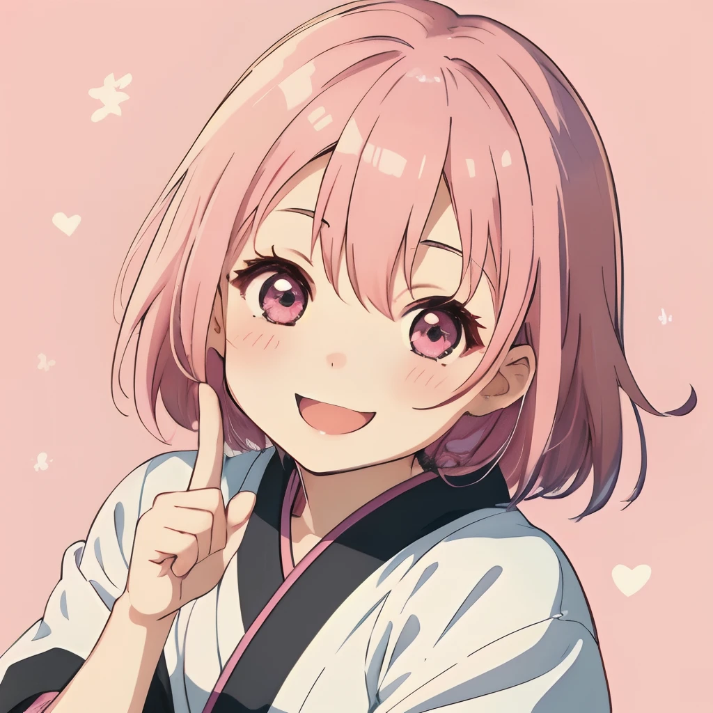 Cute One Girl in Japan Anime、boyish、A pink-haired、A smile、Closing one eye、Happy look、Only the index finger of the left hand is upright、Vibrant poses