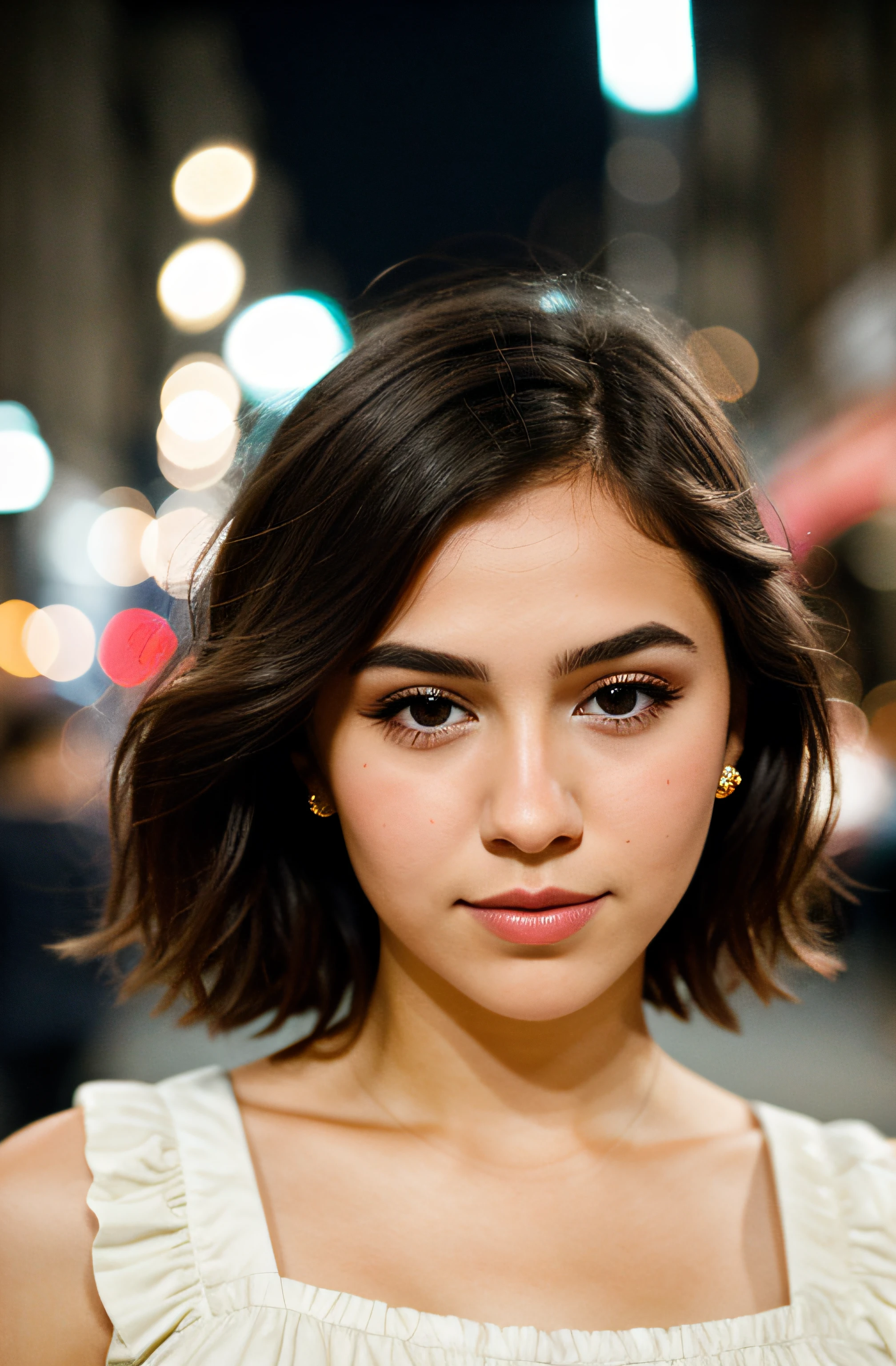instagram photo, closeup face photo of a young french in dress, beautiful face, makeup, night city street, bokeh, motion blur