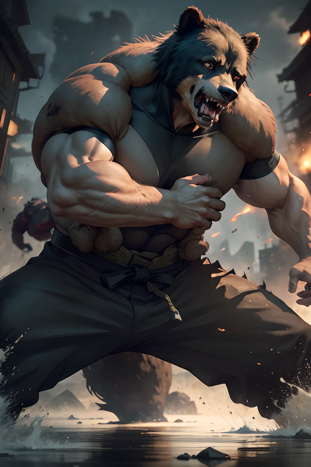 toji fushiguro, a bear, intense battle, powerful strikes, agile movements, strong defense, fierce expression, adrenaline rush, wild nature, dangerous situation, dramatic lighting, epic clash, dynamic poses, detailed fur texture, realistic rendering, high-res masterpiece, intense action, martial arts skills, breathtaking scenery, dark and moody atmosphere, life-or-death struggle, adrenaline-pumping fight, gripping tension, ferocious growls, desperate evasions, determined spirit, dominant presence, focused eyes.