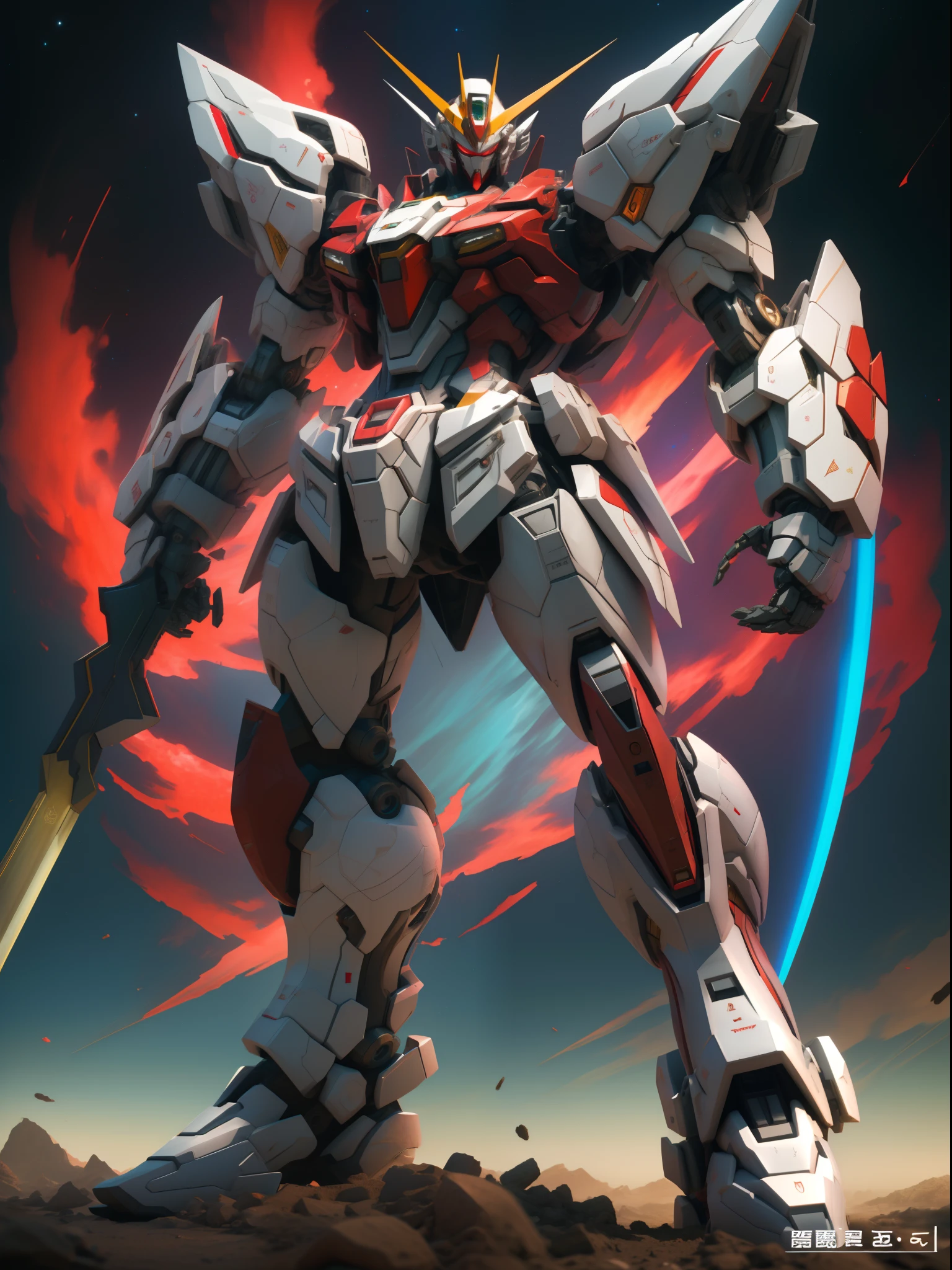 tmasterpiece，Best quality at best，high high quality，the Extremely Detailed CG Unity 8K Wallpapers，(full body shot of:1.4)，The vast sky，One hand holds a sword，Close-up of robot in red and white suit, modern mecha anime, Japanese ironclad knife, Knight of the romantic universe，anime robotic mixed with organic, mecha anime, anime large mecha robot, cool mecha style, eva unit 0 1, anime robots, Extreme Gundam, full body mecha suit,Mecha, sharp high quality anime, evangelion third impact inspired，Set in a mysterious world full of elements of war，art  stations，digital illustrations，复杂，Uptrend，pastel colour，award winning photography，depth of fields，hdr，blooms，color difference，真实感，The is very detailed，Art Station trend，CGSociety trends，复杂，high detal，dramatics，Midjourney Art