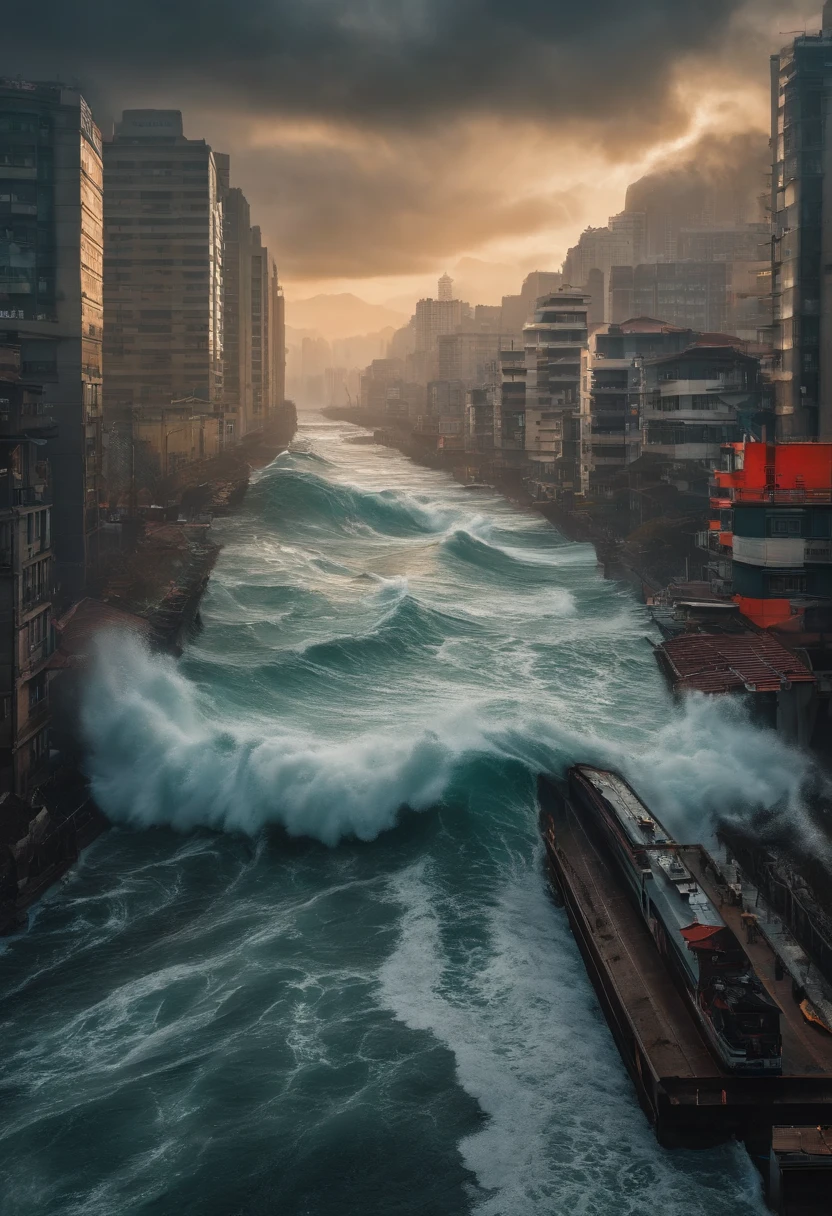Arafed view of a city with a river and a boat in the water - SeaArt AI