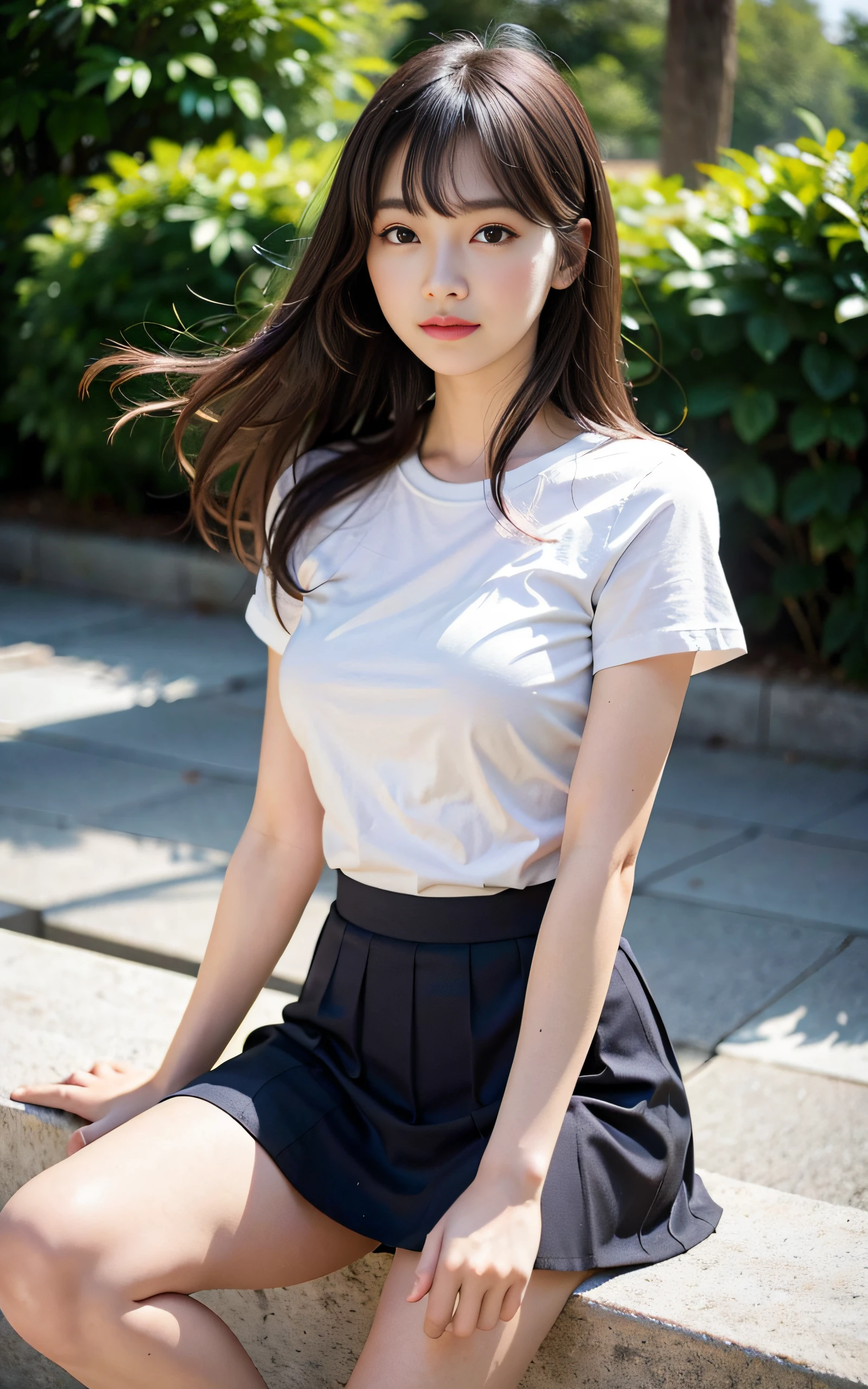 the Extremely Detailed CG Unity 8K Wallpapers、top-quality、ultra-detailliert、​masterpiece、realisitic、Photo Real、extremely detailed cute girl、20yr old、((skirt lift by yourself)))、(Lifted by yourself)、panties on、panties focus、red blush、cparted lips、looking at the viewers、Semi-body shot、(in a tokyo street)、