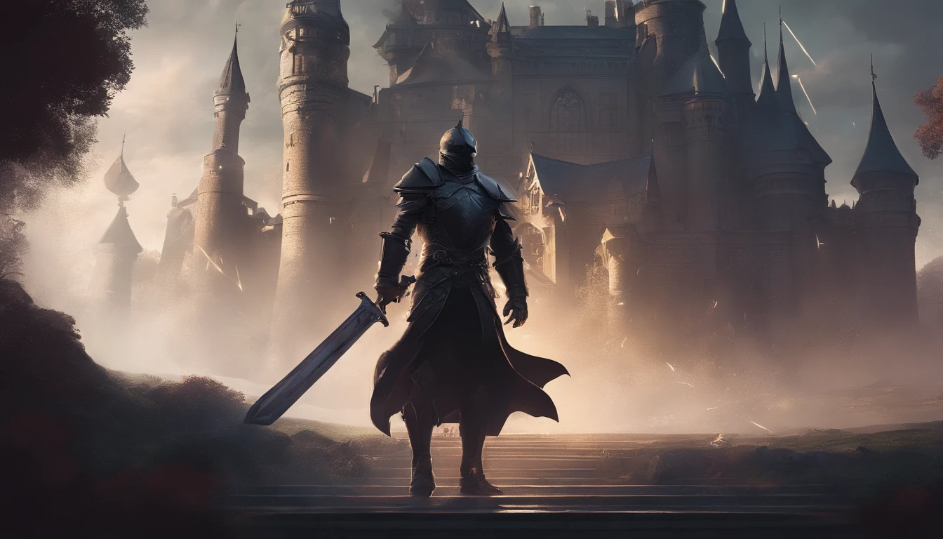 medieval knight in black armor, castle on the background, helmet, armor, sword, shield, brutality, glare, rogue, lightning, fantasy, magic, electricity, male, intricate, oil on canvas, masterpiece, expert, insanely detailed, 4k resolution, john william waterhouse, charlie bowater, agnes cecile, wassilly kandinsky, composition, framing, chiarocscuro , richly layered composition, hyper realistic, intricate detailed, detailed intricate environment, high resolution, sharp focus, precisionism, ambient occlusion, subsurface scattering, octane render, art by artgerm and alphonse mucha, Behance HD, CGSociety, trending on Artstation, art by midjourney, cinematic light, volumetric lighting, Megapixel Cinematic Lighting, Anti-Aliasing, FKAA, TXAA, RTX, SSAO, Post Processing, Post-Production, Tone Mapping, CGI, VFX, SFX