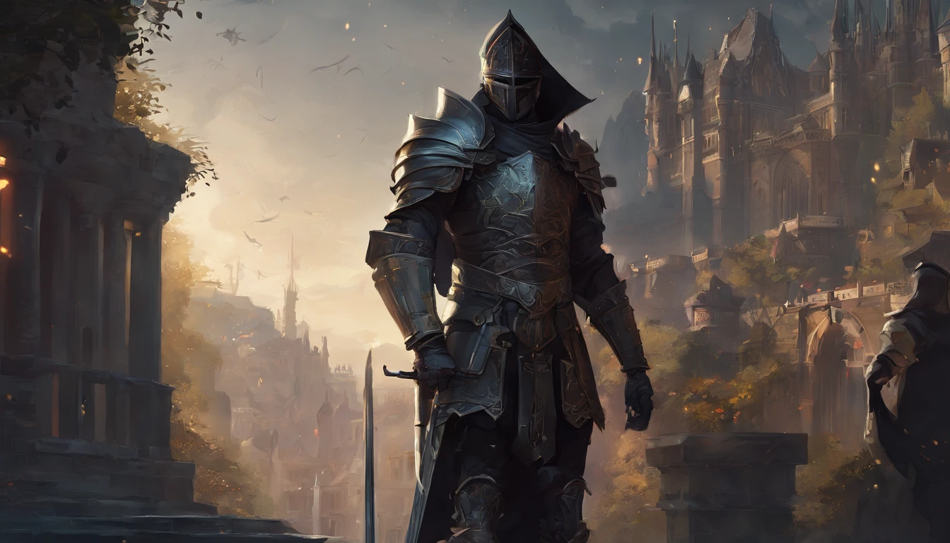 medieval knight in black armor, castle on the background, helmet, armor, sword, shield, brutality, glare, rogue, lightning, fantasy, magic, electricity, male, intricate, oil on canvas, masterpiece, expert, insanely detailed, 4k resolution, john william waterhouse, charlie bowater, agnes cecile, wassilly kandinsky, composition, framing, chiarocscuro , richly layered composition, hyper realistic, intricate detailed, detailed intricate environment, high resolution, sharp focus, precisionism, ambient occlusion, subsurface scattering, octane render, art by artgerm and alphonse mucha, Behance HD, CGSociety, trending on Artstation, art by midjourney, cinematic light, volumetric lighting, Megapixel Cinematic Lighting, Anti-Aliasing, FKAA, TXAA, RTX, SSAO, Post Processing, Post-Production, Tone Mapping, CGI, VFX, SFX