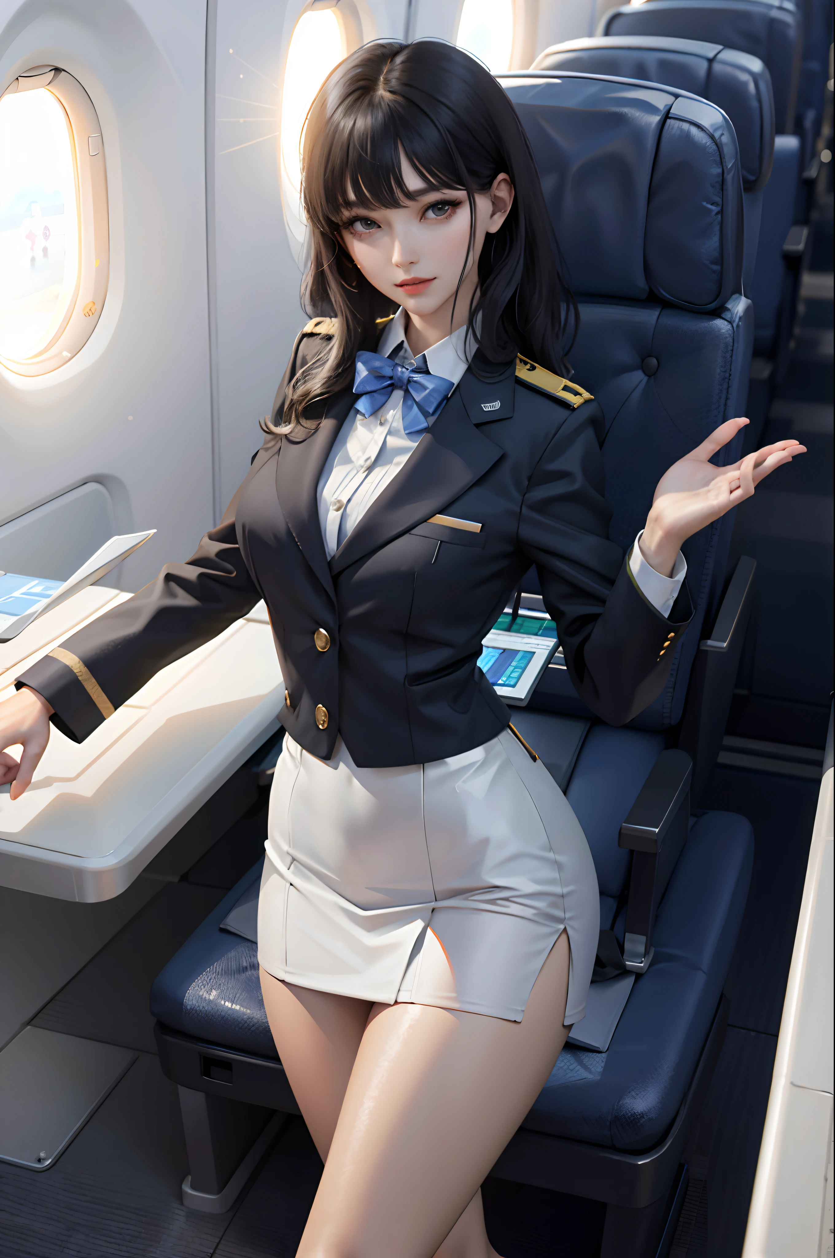 (masterpiece:1.2, best quality), 1lady, solo, Flight attendant, tight Uniform, perfect hands, Airplane, Serving passengers, Providing safety instructions, Responding to emergencies, bangs, (shiny skin:1.15),