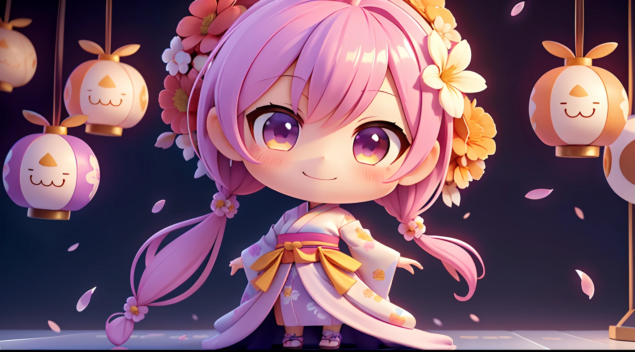 photoRealstic、Nedroid in wedding dress arranged in kimono standing in front of the painting、Smile、watercolor Nendoroid、(High Definition Figure)、Flowing iridescent silk、up of face、Eye Up、In the eyes♥、Floral dress、There are also flowers in front of the nendroids、flower petals、season!!: 夏天☀ 🍂