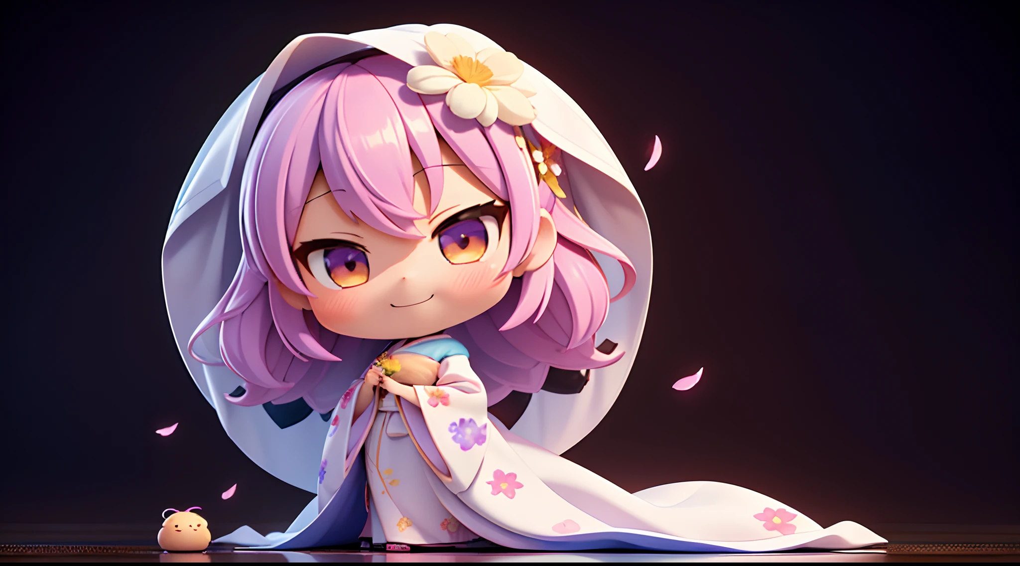 photoRealstic、Nedroid in wedding dress arranged in kimono standing in front of the painting、Smile、watercolor Nendoroid、(High Definition Figure)、Flowing iridescent silk、up of face、Eye Up、In the eyes♥、Floral dress、There are also flowers in front of the nendroids、flower petals、season!!: 夏天☀ 🍂