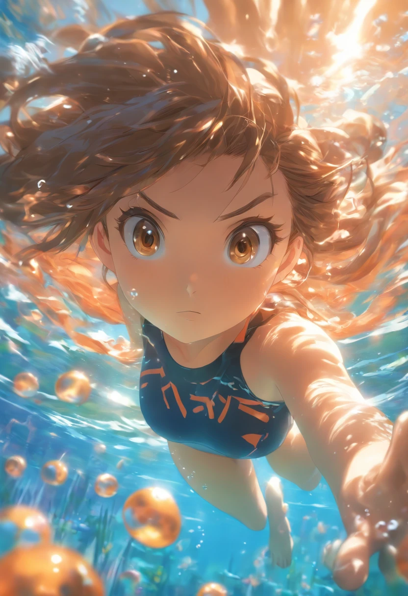 foreshortening, depth of field, masterpiece, best quality, 1girl, brown hair, brown eyes, long hair, underwater, air bubble, solo, looking at viewer, school swimsuit, swimming, dappled sunlight,