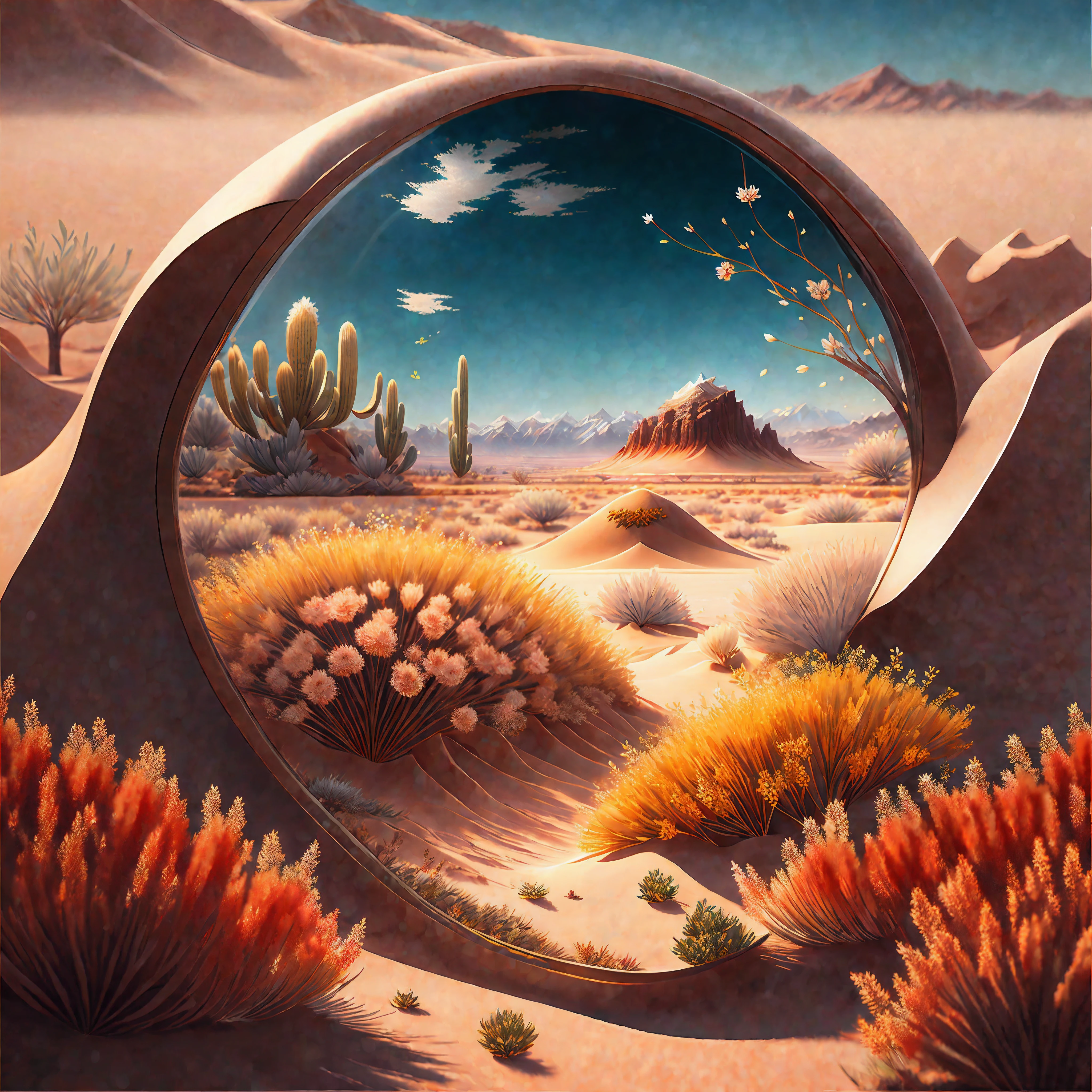 Masterpiece, best quality, high quality, extremely detailed CG uniform 8k wallpaper, flowering landscape, dry places such as empty desert, dearest, cunning, Mono Lake, Pu Tree, 3D digital painting, award winning photography, bokeh, depth of field, HDR, bloom, Chromatic Aberration, Photorealistic, extremely detailed, trending on artstation, trending on CGsociety, Intricate, High Detail, dramatic, art by midjourney
