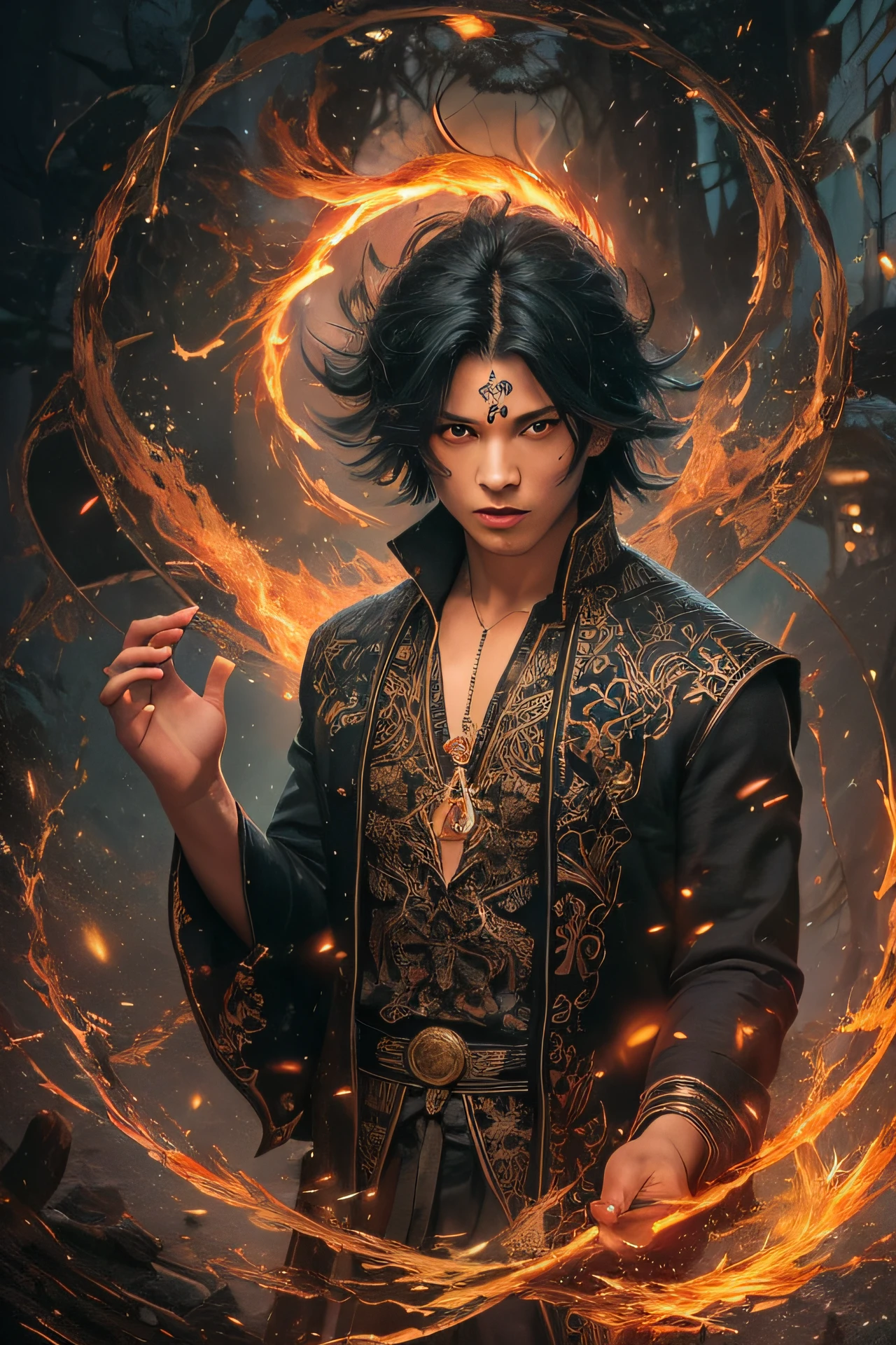 a painting that represents the essence of magic in your world, showing the black hair, shining golden eyes protagonist with a mystical black mark on his neck immersed in a cascade of magical fire energy, with glowing particles dancing around him and arcane symbols forming in the air