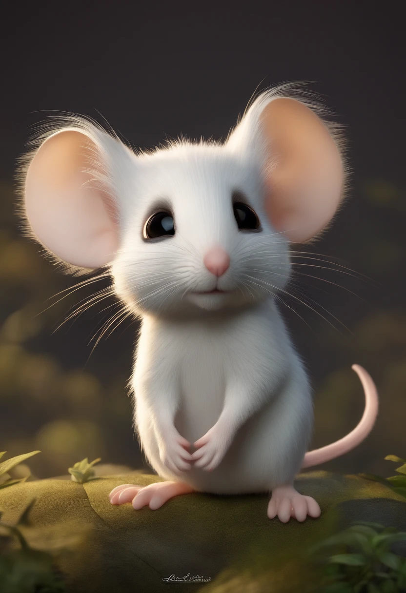 a small white mouse with big ears, large eyes, very fluffy, running happily, standing alone, maroon_eyeballs, plein-air, giorno, Tree, human clothes, naturey, forst, beautiful lighting