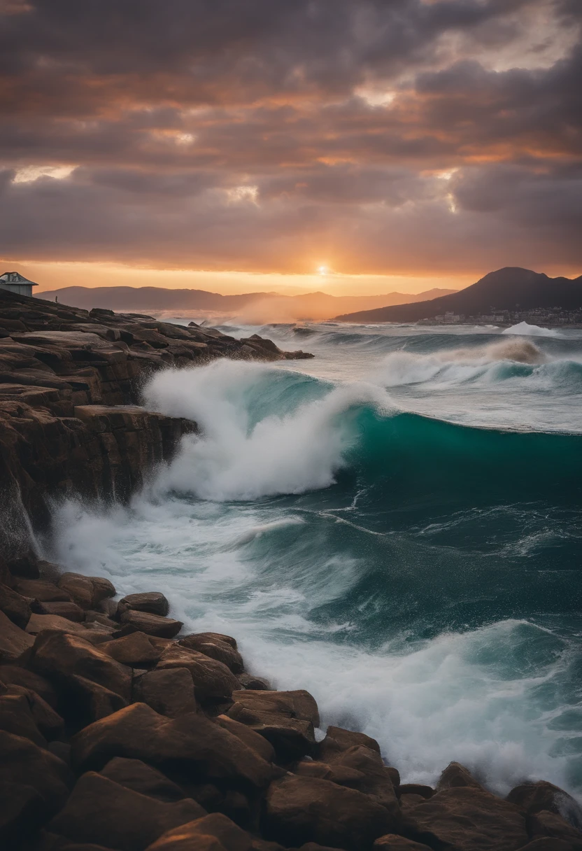 tidal waves，Armageddon，Greatwave，废墟，The run-down city creates a cinematic cityscape，whales，dolphins，Turtlen，swell sea，choppy，immensity，Submerged cities