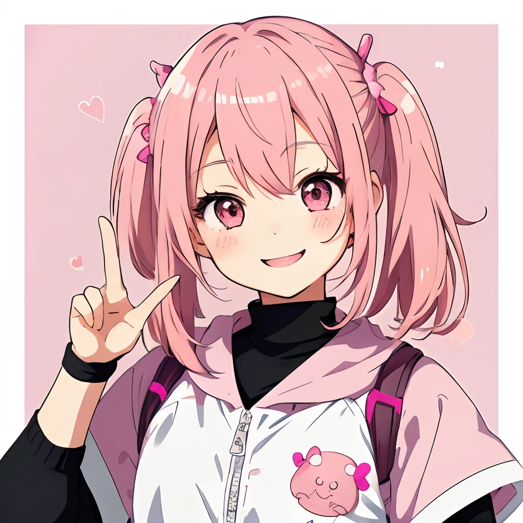 Cute One Girl in Anime、boyish、A pink-haired、A smile、Closing one eye、Happy look、Only the index finger of the left hand is upright、Vibrant poses