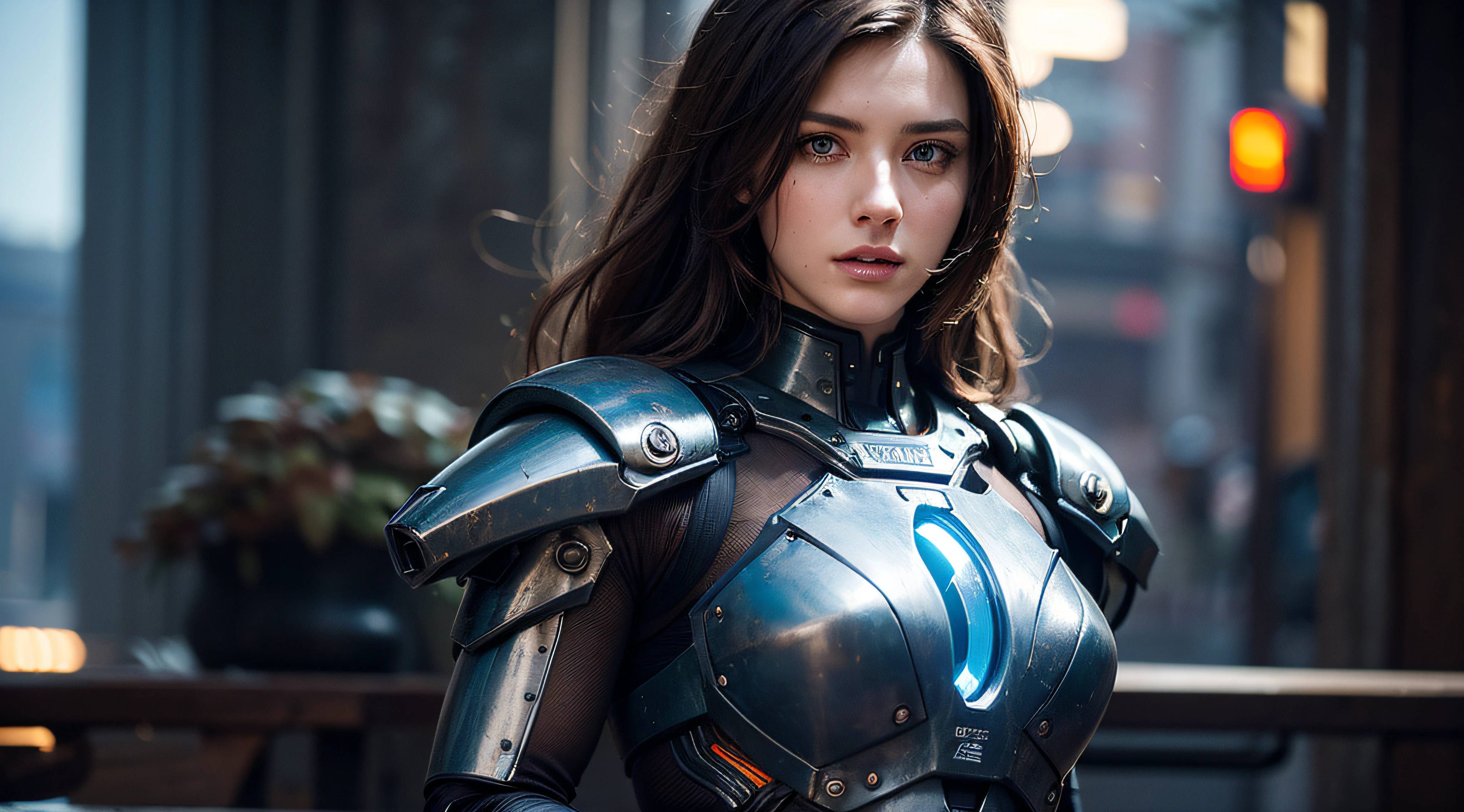 Portrait photo of muscular bearded ((female model))in a worn mech suit, ((light bokeh)), intricate, (steel metal [rust]), elegant, sharp focus, photo by greg rutkowski, soft lighting, vibrant colors, (masterpiece), ((streets)), (detailed face:1.2), (glowing blue eyes:1.1)(Show full body)(like Top movie feel))