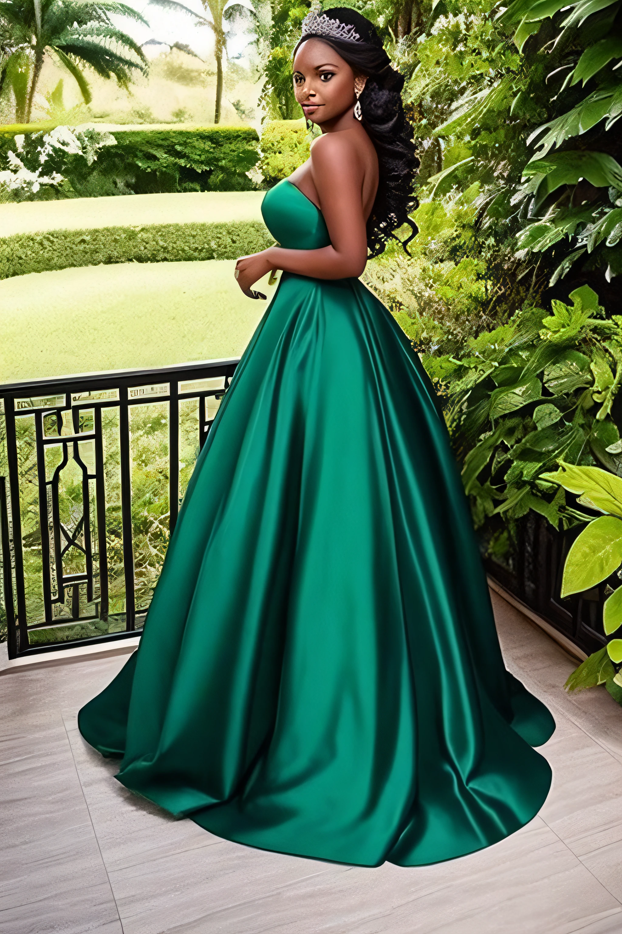 princesa negra retinta linda com vestido verde volumoso penteado de casamento e segurando um sapo