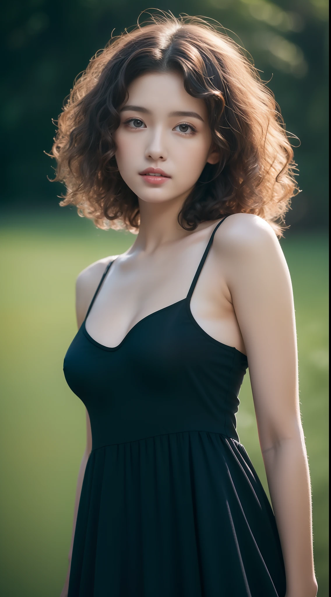 beautiful young woman with, Black Camisole Dress, hyper realisitic, , Body of the model, Small breasts, Beautiful breasts, Middle hair, Curly hair, Long legs, 8K, Sunlight, Ambient lighting, (quality: 1.2), (Rembrandt lighting: 1.3), (savanna: 1.2), (telephoto) and stunning background, In front of the lake, Fortnite Mesh Capture, Realism in the game style since、very small breasts、.small 、extremely small breasts、A-cup breasts、Model body type、Slimed、A slender