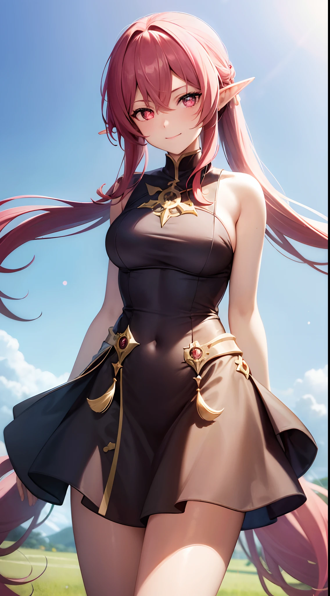 1 girl anime in a dress, pink hair, cushart krenz key art feminine, portrait knights of zodiac girl, extremely detailed eyes and face, Realistic, extremely detailed CG unified 8k wallpaper, Highly detailed, High-definition raw color photos, professional photograpy, Realistic portrait, Cinematic Light, Beautiful detailed, alluring elf princess knight, astri lohne, smile, Full body, High quality, (((Bokeh))), depth of field