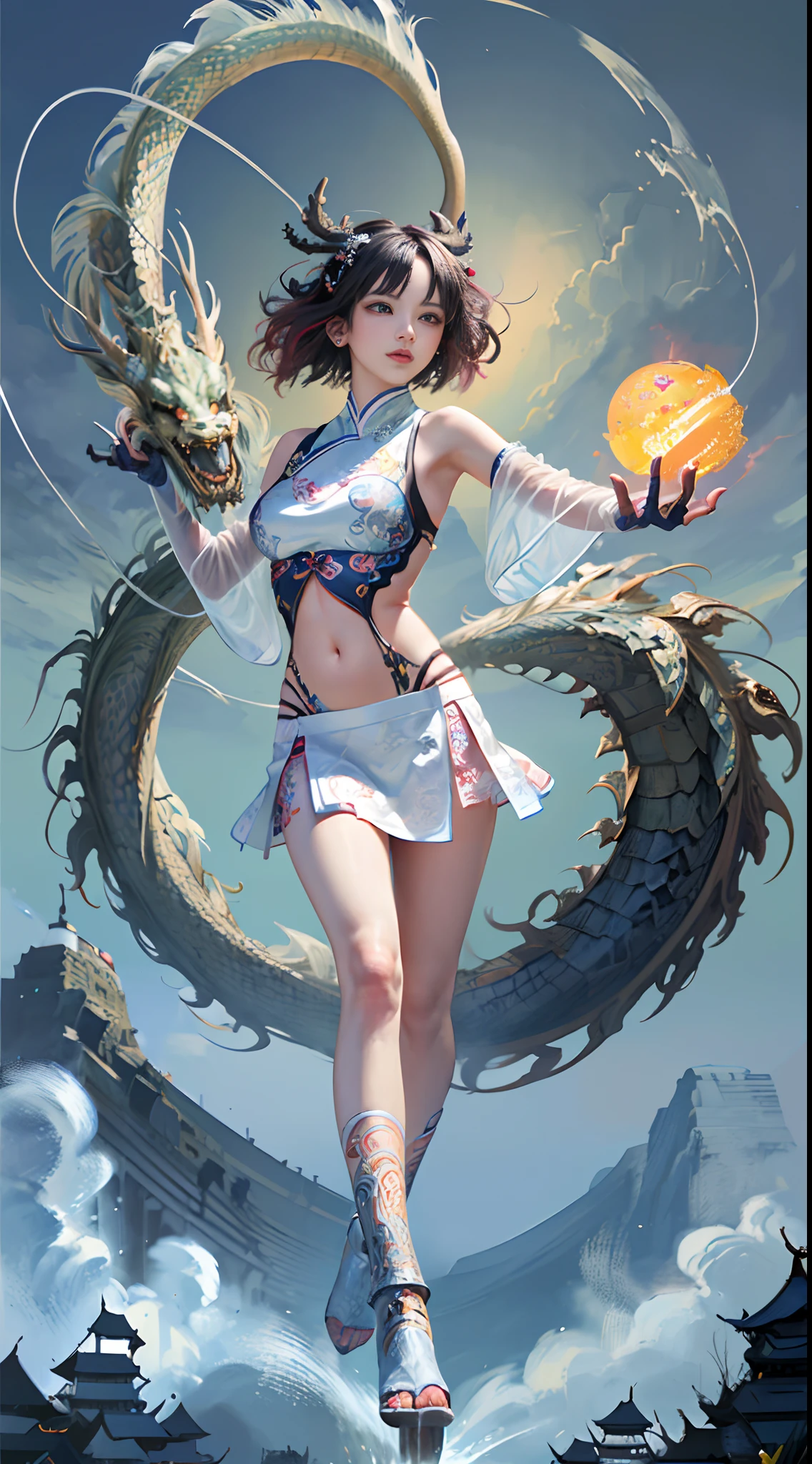 Official Art, Unified 8K Wallpapers, Ultra Detailed, Beautiful and Aesthetic, Masterpiece, Best Quality, (Zentangle, Tangle, Entangle), (fractal art: 1.4), (character center: 1.3), 1girl, black hair, Chinese, off-the-shoulders, short skirt, calf, navel, very detailed, dynamic angle, cowboyshot, (most beautiful form of chaos), ethereal, (bright colors), oc, (half: 1.2), china, (thangka flying sky: 1.5), (ribbon: 1.3), (dream: 1.5), (hanfu: 1.5), Chinese dragon, Chinese phoenix, (smile: 0.5), ( Chinese deities),