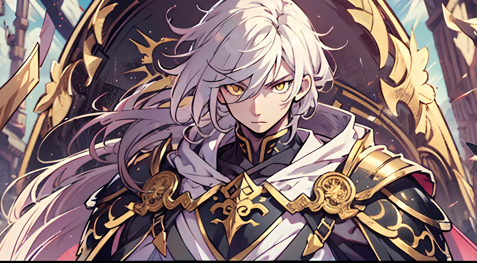 1 Boy, Xin From Kingdom Anime, Armored With Golden Samurai Armor With A Cape, Ultra High Definition, 8k, Handsome, Black And Yellow Pupil Eyes, Long White Hair, Ancient Kingdom Background