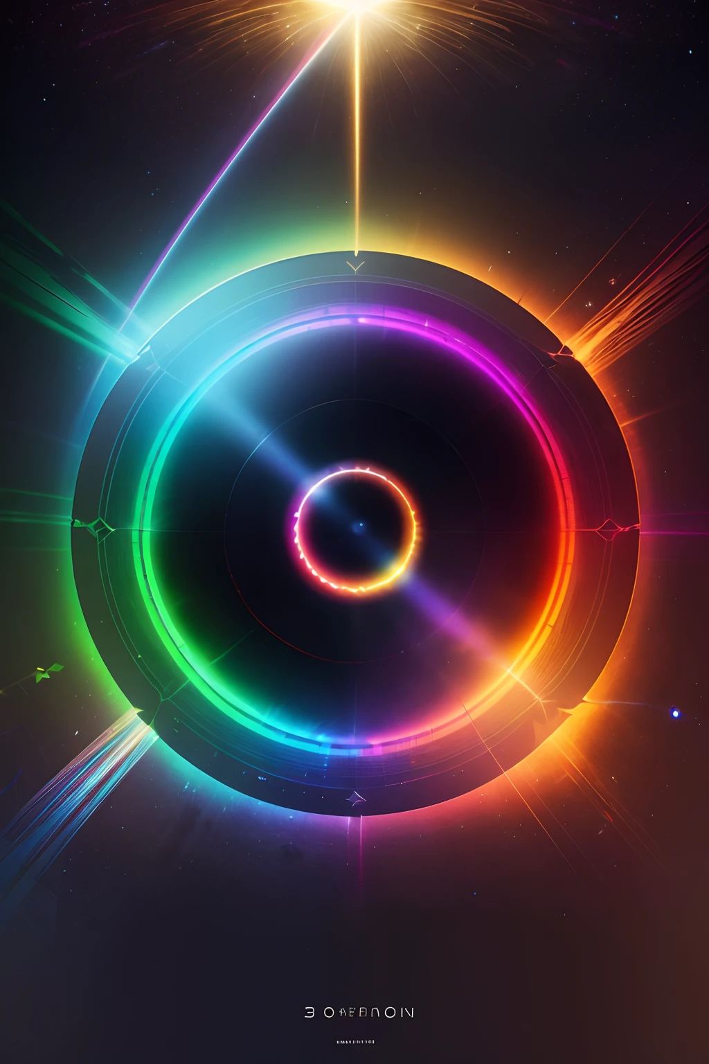Color poster with spectral color glare and black hole, Cosmic black hole background，English Mathematical Formulas，holographic krypton ion, volumetric rainbow lighting, quantum wavetracing, highly detailed light refraction, Quantum sensor resonator, A singular light source from below, rainbow caustic lighting, quantum technology, bright glowing instruments, holography space, Bright thin laser, Light dispersion, Rainbow diffraction