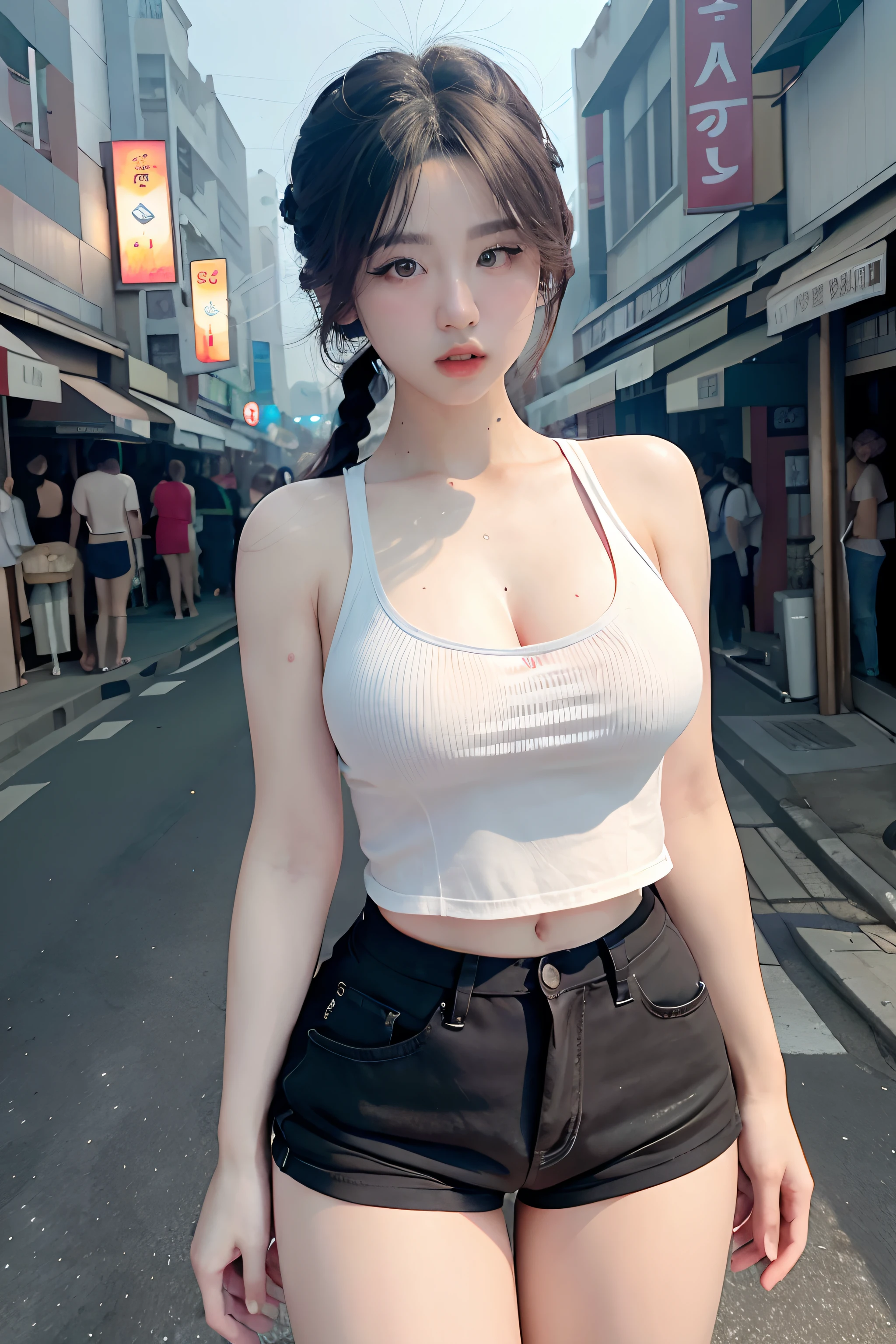 (White tank top), short pants,breasts, amazing lighting,  cinematic lighting, (busy Korean Street),
((SFW)), (best quality, masterpiece:1.4), absurdres, ultra-detailed CG, 8k, high detailed, beautiful face, detailed face, 1girl, solo ,braid, toned, shiny skin, head tilt, standing still, bloom, light particles, depth of field,(pose)