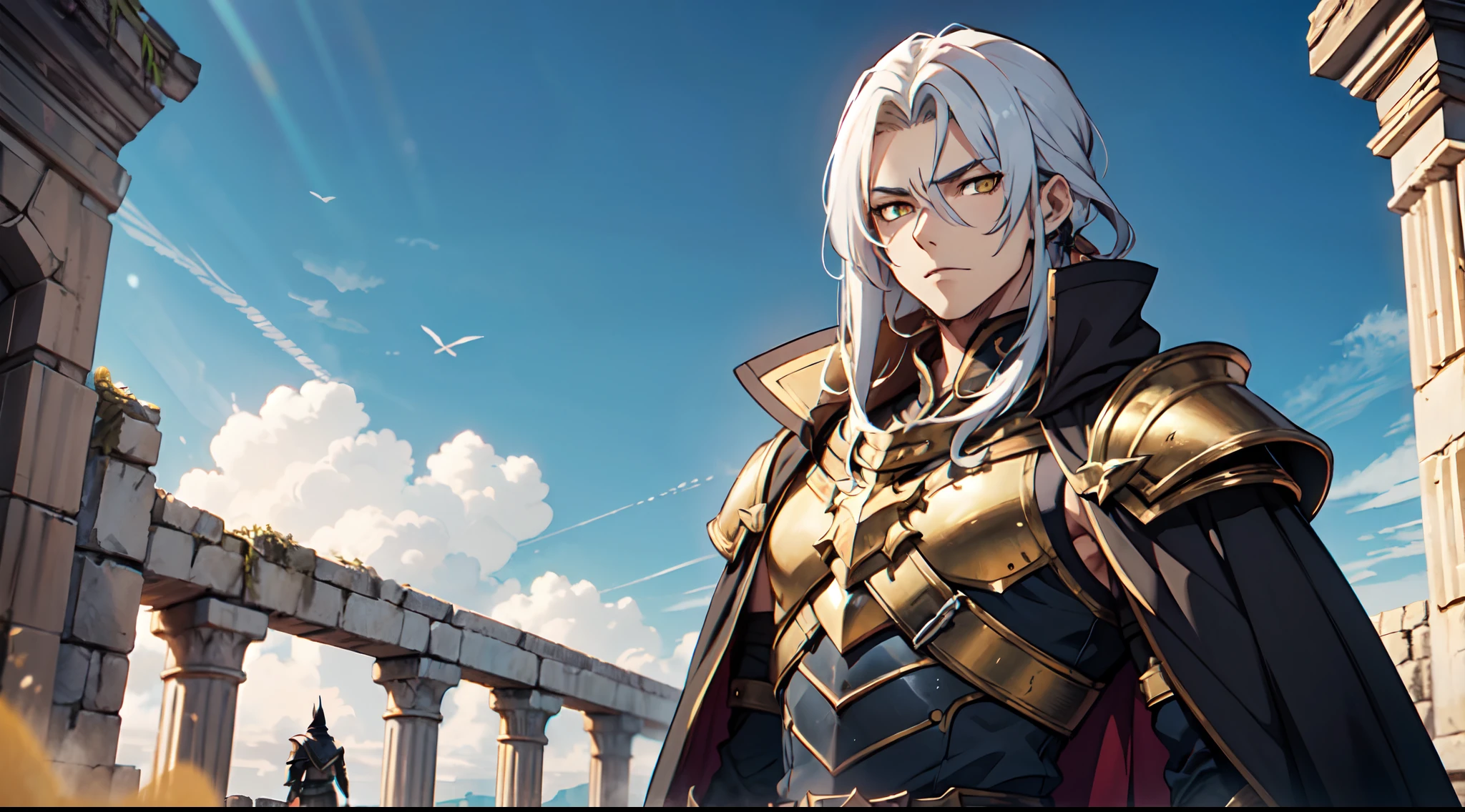 1 Boy, Xin From Kingdom Anime, Armored With Pure Black Warlord Armor With A Cape, Ultra High Definition, 8k, Handsome, Black And Yellow Pupil Eyes, Long White Hair, Ancient Kingdom Background
