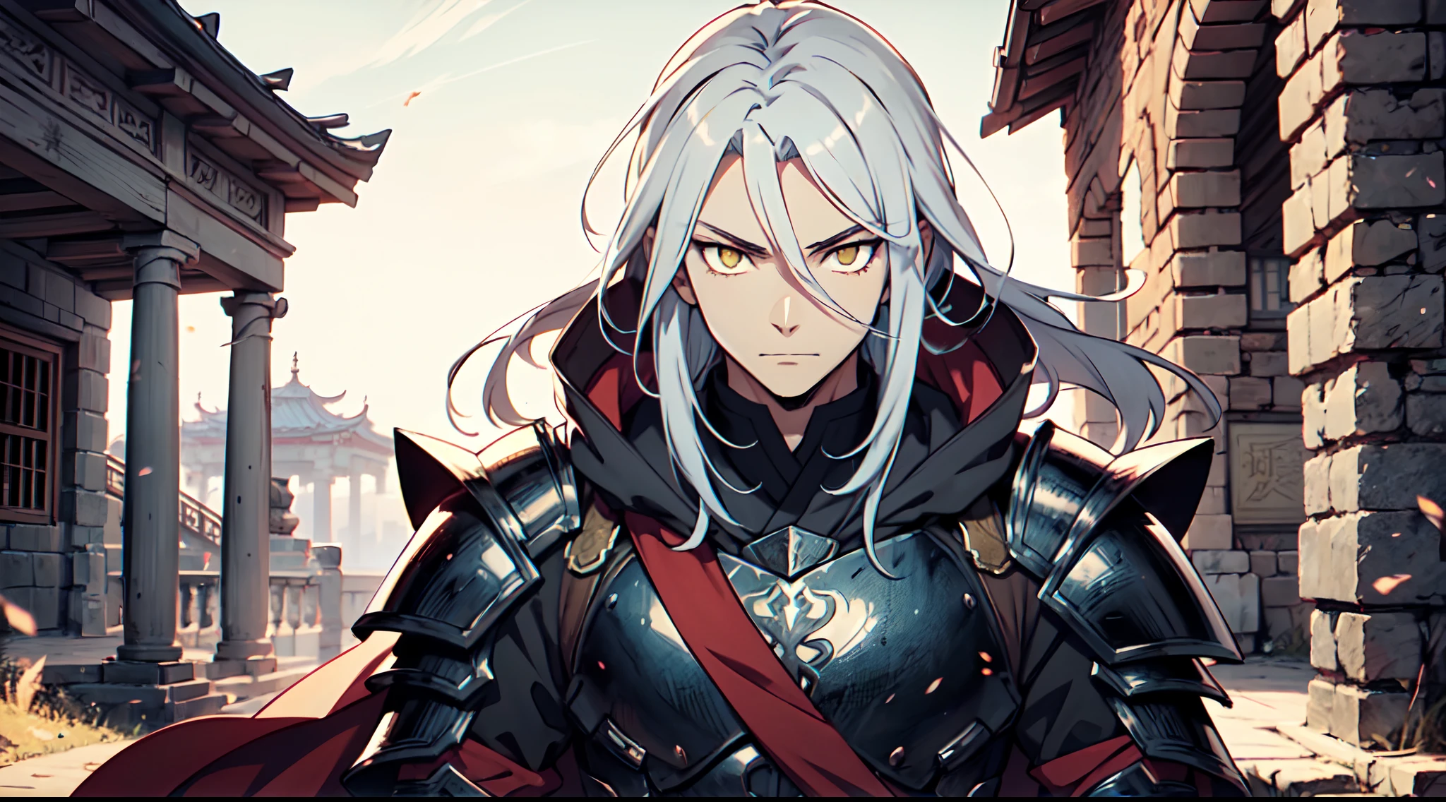 1 Boy, Xin From Kingdom Anime, Armored With Pure Black Warlord Armor With A Cape, Ultra High Definition, 8k, Handsome, Black And Yellow Pupil Eyes, Long White Hair, Ancient Kingdom Background