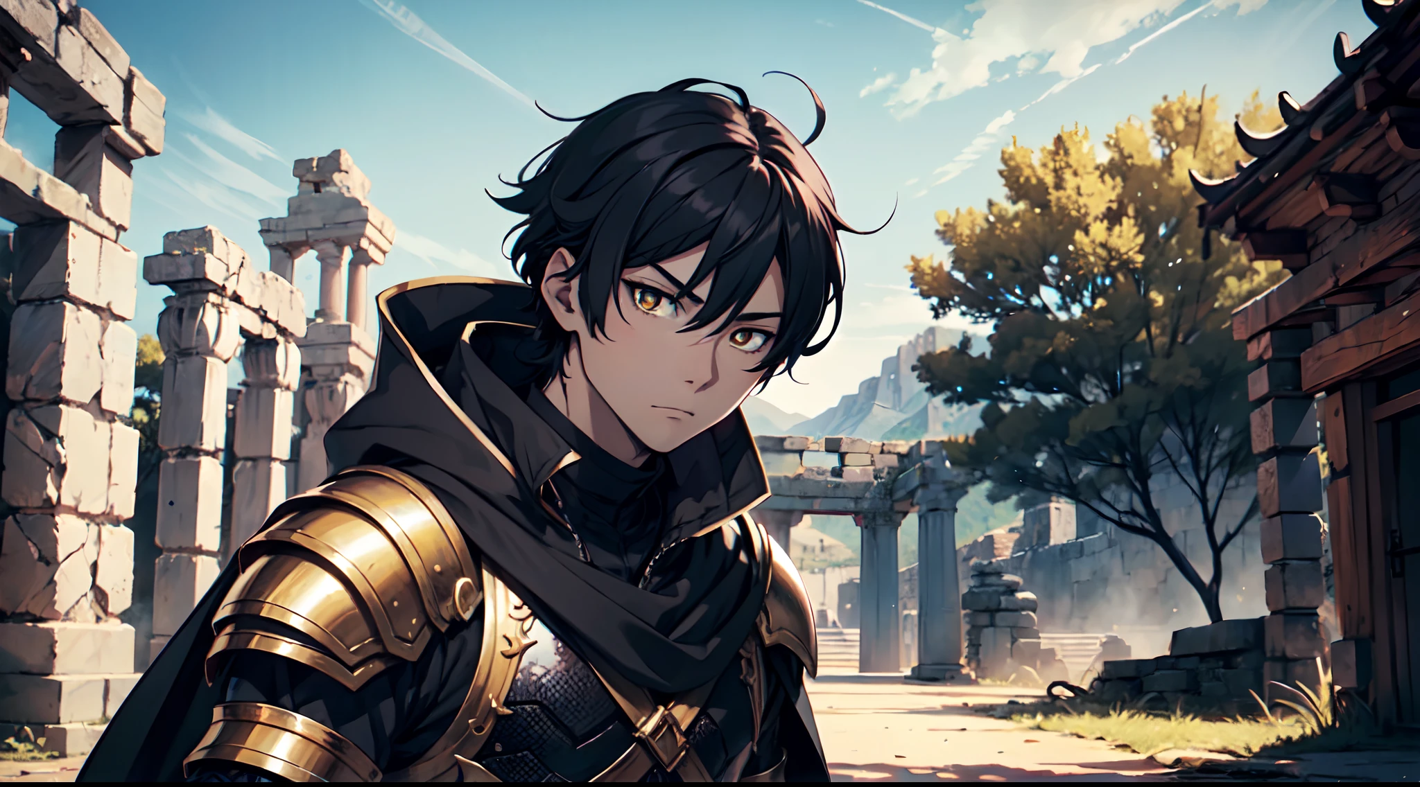 A man in armor standing in front of a stone building - SeaArt AI