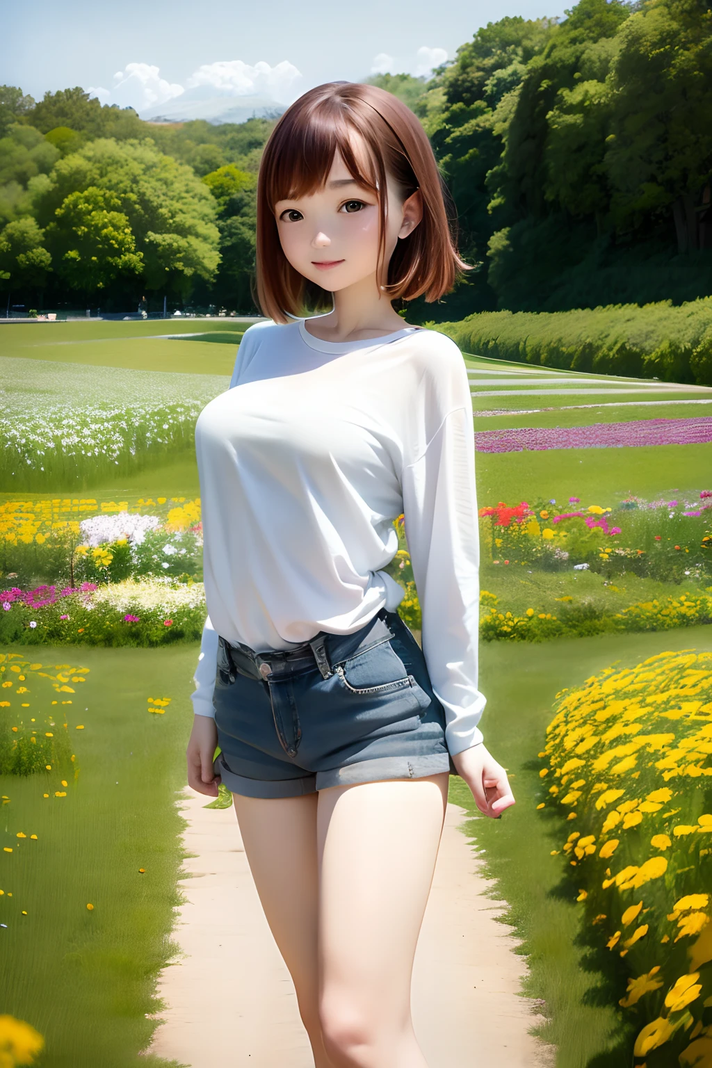 masutepiece), Best Quality, Ultra-detailed,girl with,White shirt、bionde、small nose、blurry backround:1.5、plein air、flower  field