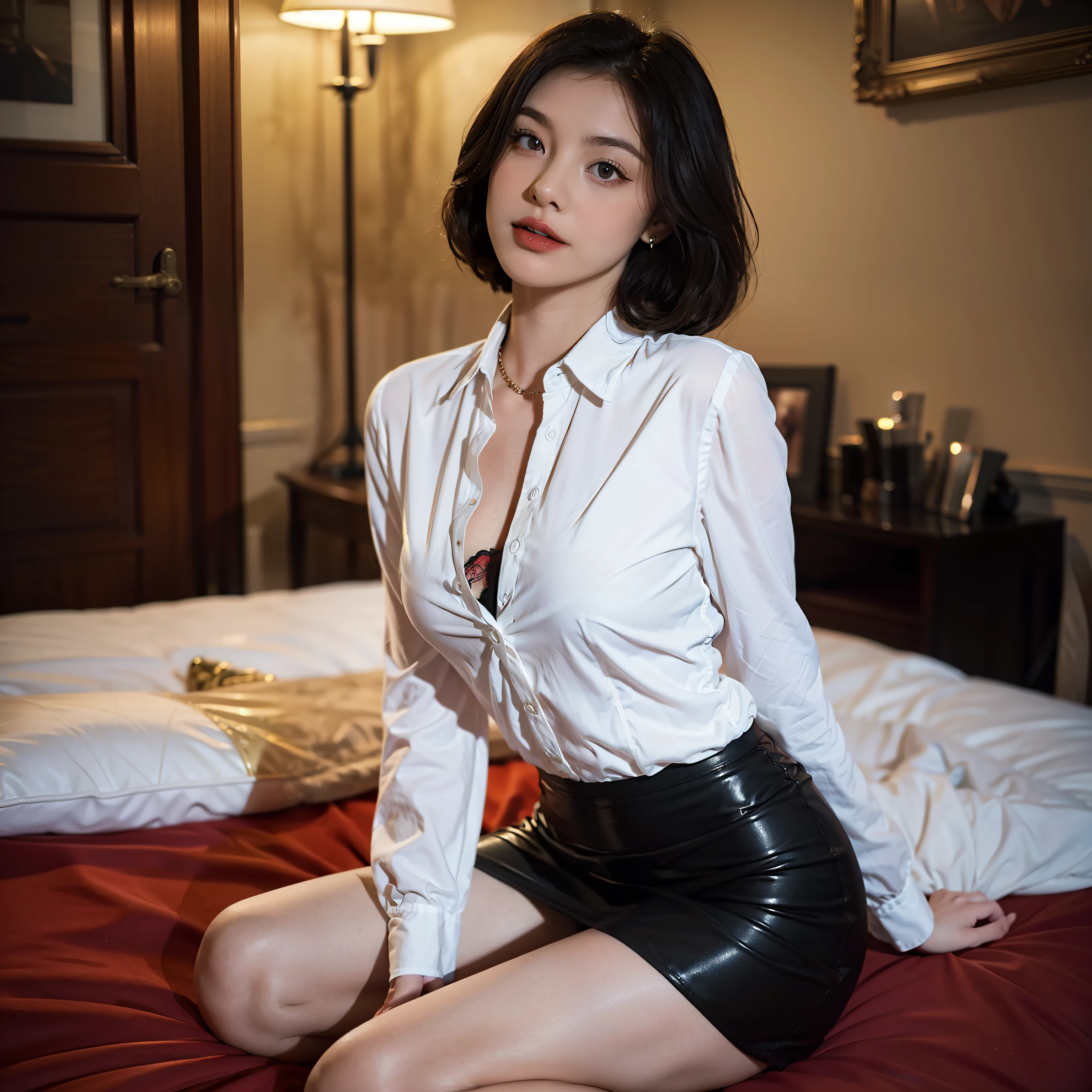 face is :9,1270442595], Classy upper class elite woman in white shirt and black skirt、((Lie on your back))、((lying back on、fall、sleep))、(Short Layer Hair), Wearing a strict shirt and skirt, (Wearing pantyhose)、Wear high-end high heels、(Short Layer Hair), Girl in a suit, businesswoman, business clothes, Wear a shirt and skirt, Summer Business Outfit,  raw,(8K、top-quality、​masterpiece:1.2)、(intricate detailes:1.4)、(Photorealsitic:1.4)、octane renderings、Complex 3D rendering ultra detail, Studio Soft Light, Rim Lights, vibrant detail, super detailing, realistic skin textures, Detail Face, Beautiful detail eyes, Very detailed CG Unity 16k wallpaper, make - up, (detailedbackground:1.2), Exposed thighs!!!, NSFW, posing catwalk,