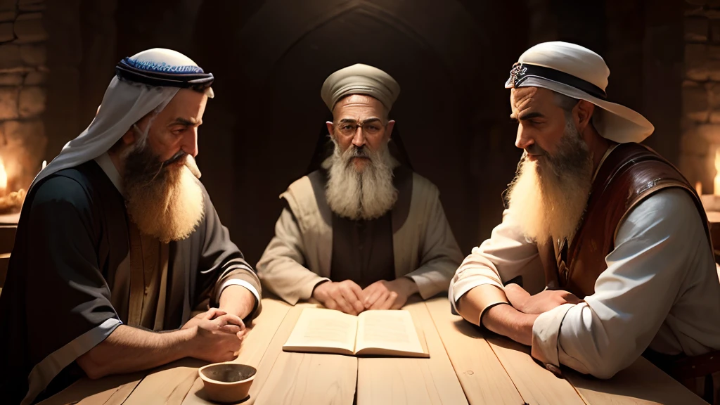 An artistic representation of Abraham, Isaac and Jacob, the first patriarchs of Judaism, in an Ancient Middle Eastern setting