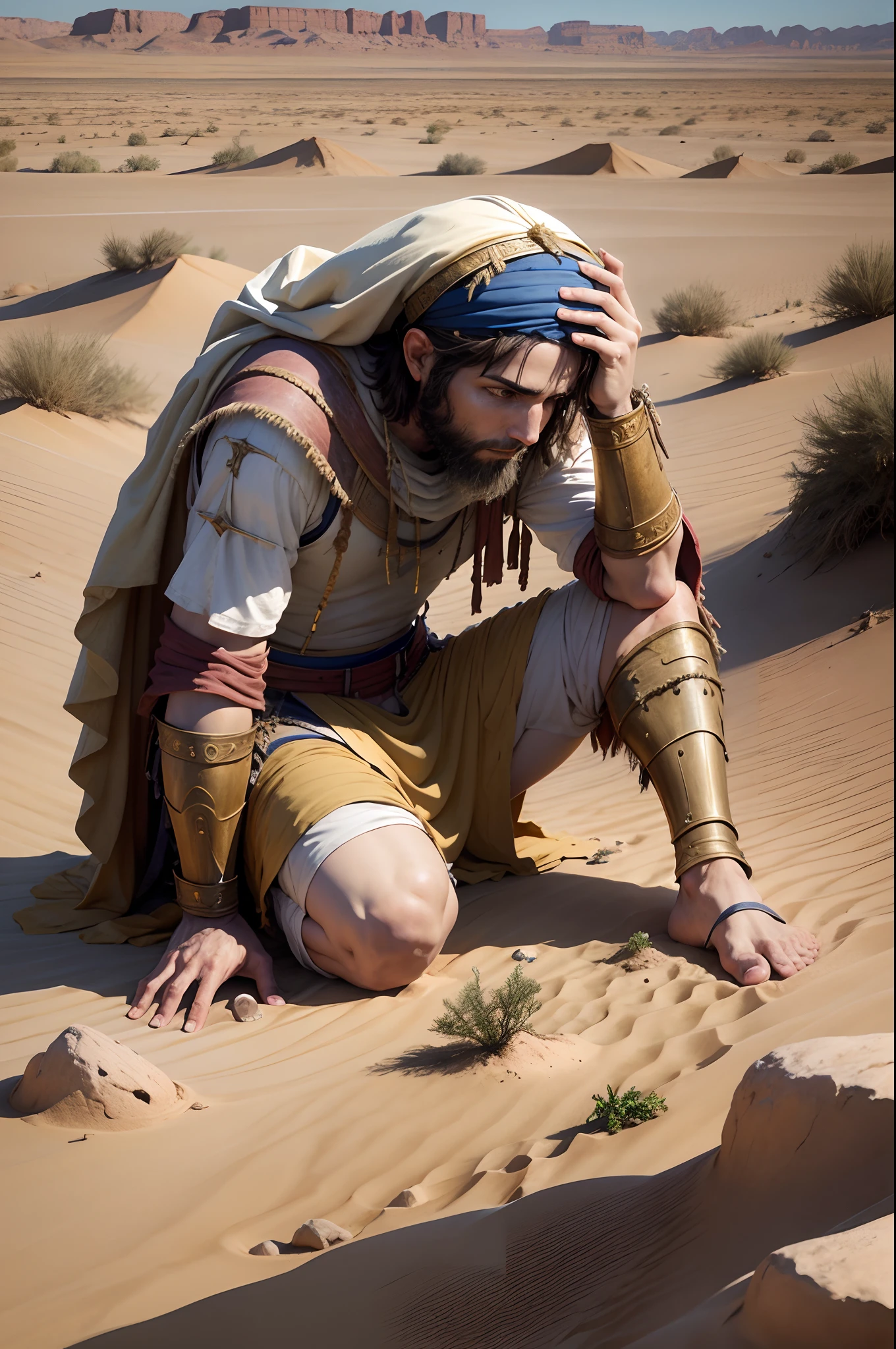 Joshua, Biblical character, knees on the ground, deserto, triste, olhando pra baixo, Bible, arte realista