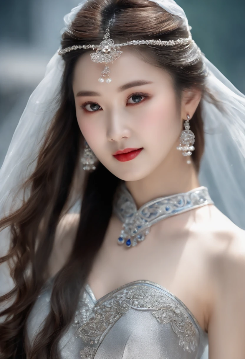 (A beautiful model who plays Diao Can in a Chinese epic drama, Beautiful long hair), Solo, ((The face is 80% Beauty and elegance, 20% prettyandcute:1.5)), (Her roots are in Eastern Europe and Asia), Clear eyes, (Detailed eyes, Light brown eyes, Bright pupils), Double eyelids, (sensual lip,A bit thick:1.2), Super detailed and incredibly high resolution shiny silver water sleeve garment, Highly detailed facial textures, (Exude confidence:1.25), Striking body shape, curvy build,Very attractive woman, (Posture that emphasizes body shape:1.4), High resolution RAW color photo professional photo, Break free from ultra-high resolution skin textures, High-resolution body rendering, Big eyes, Unbeatable masterpiece, incredibly high resolution, Super detailed, Shiny skin, Hollows in the skin, Seductive gaze, Stunning ceramic skin, Rest clothing is (Delicate and gorgeous classical Chinese dance shiny silver water sleeve costume:1.5) and ((Transparent shiny silver maxi dress,dances in the wind:1.5)), (The main color is shiny silver:1.5), (Classical Chinese dance costumes,The décor is exquisite and elegant:1.5), (Necklaces and bracelets that sparkle in lapis lazuli, The edges of the garment also sparkle in lapis lazuli), (Dance in the moonlight on a slightly snowy night:1.5), Break ((The garment flutters and flutters through a right-hand rotation movement:1.5)), ((The hair flows in a rotating movement with the right hand:1.5)), Break ((Best quality, 8K)), Clear focus:1.2, (layer cut, :1.2), (Beautiful woman with perfect figure:1.4), (Beautifully shaped breasts:1.3), Slender abs、Wet body:1.5, (The right hand shape:1.5), (NSFW:0.5)