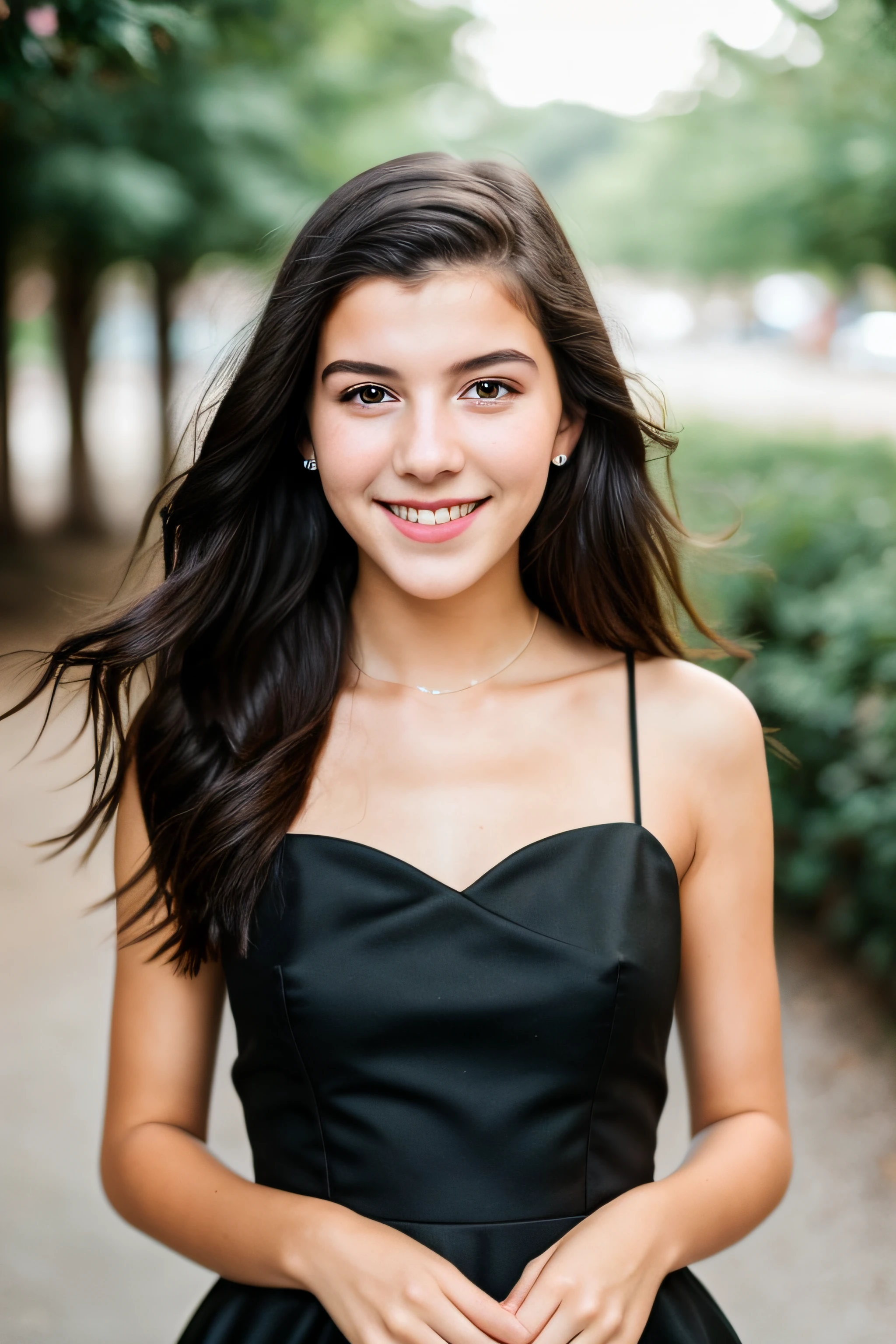 RAW photo, Instagram-Foto, face portrait photo of beautiful 20 y.o woman, cute face, wearing black dress, happy face, Schminke, cinematic shot, bokeh, Alexandra Botez, facing camera