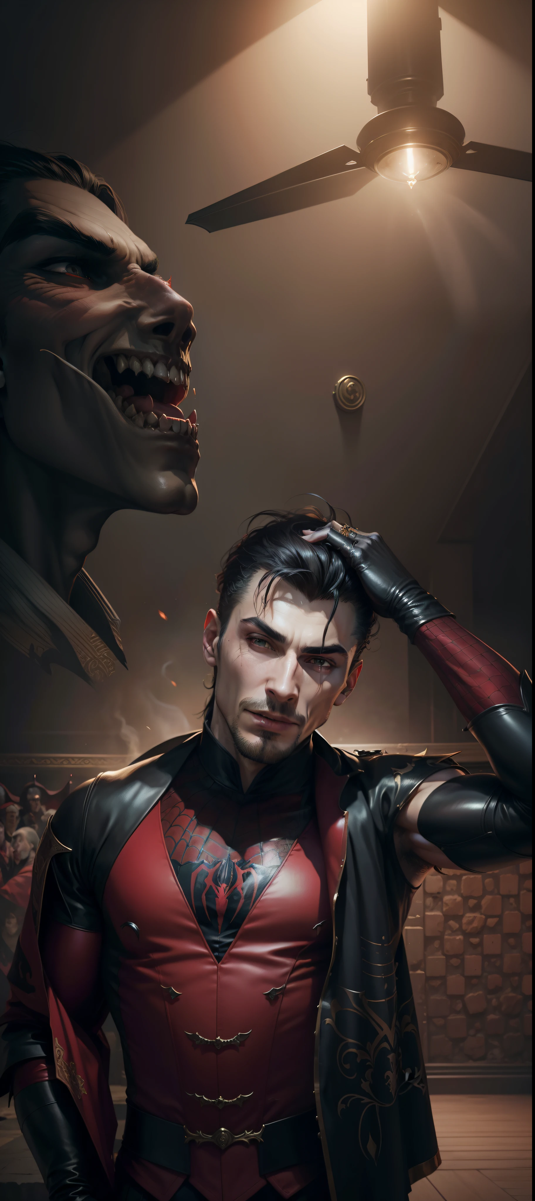 change background, A realistic image of Dracula from the lord of shadow, 1boy beautifull, high resoulation, realistic face,, smoke,in the middle of a battlefield with several fallen soldiers , and Dracula in hand and with a sarcastic smile,8pack,realistic hd quality face, realistic high resoulation,, 8k high realistic hdr face,, spiderman mouth mask, realistic face, beautifull tatto,s.