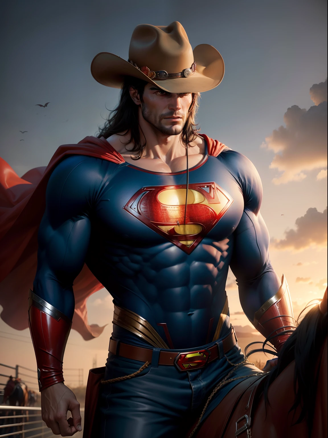 A Dramatic superman as a cowboy ride a horse wearing Cowboys clothes and Cowboys hat, cinematic, extreem realistic, extreem detailed, extreem Sharp, full body shot
