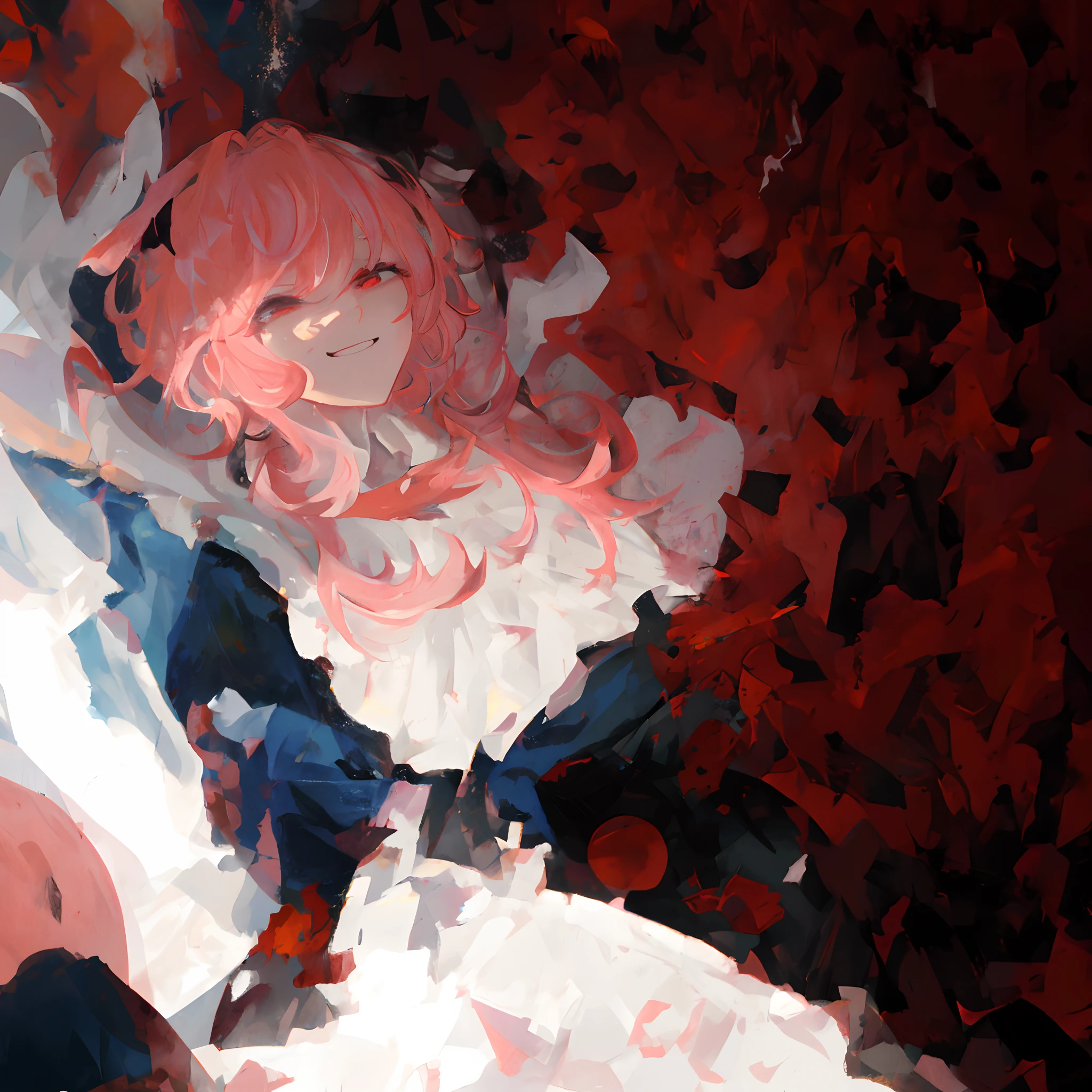 tmasterpiece, best qualityer, (Mad eyes:1.3), (mad smile:1.45), (Shadowed face:1.1), Mature male, darkly, darkness's background, Yandere, Yandere was in a trance, vacant eyes, red eyes, half closed eyes, opens his eyes wide, oil painted\(curly\), (aquarelle\(curly\):0.8), filmgrain, Pink hair, short detailed hair, short long hair, Mane, (Very short hair:1.08),Boy student, (color difference:1.15), staredown