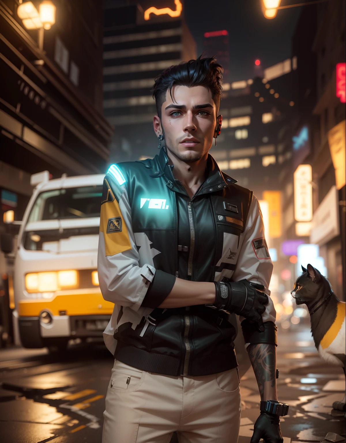 Change background cyberpunk handsome boy,realistic face , 8k, ultra realistic, with cat