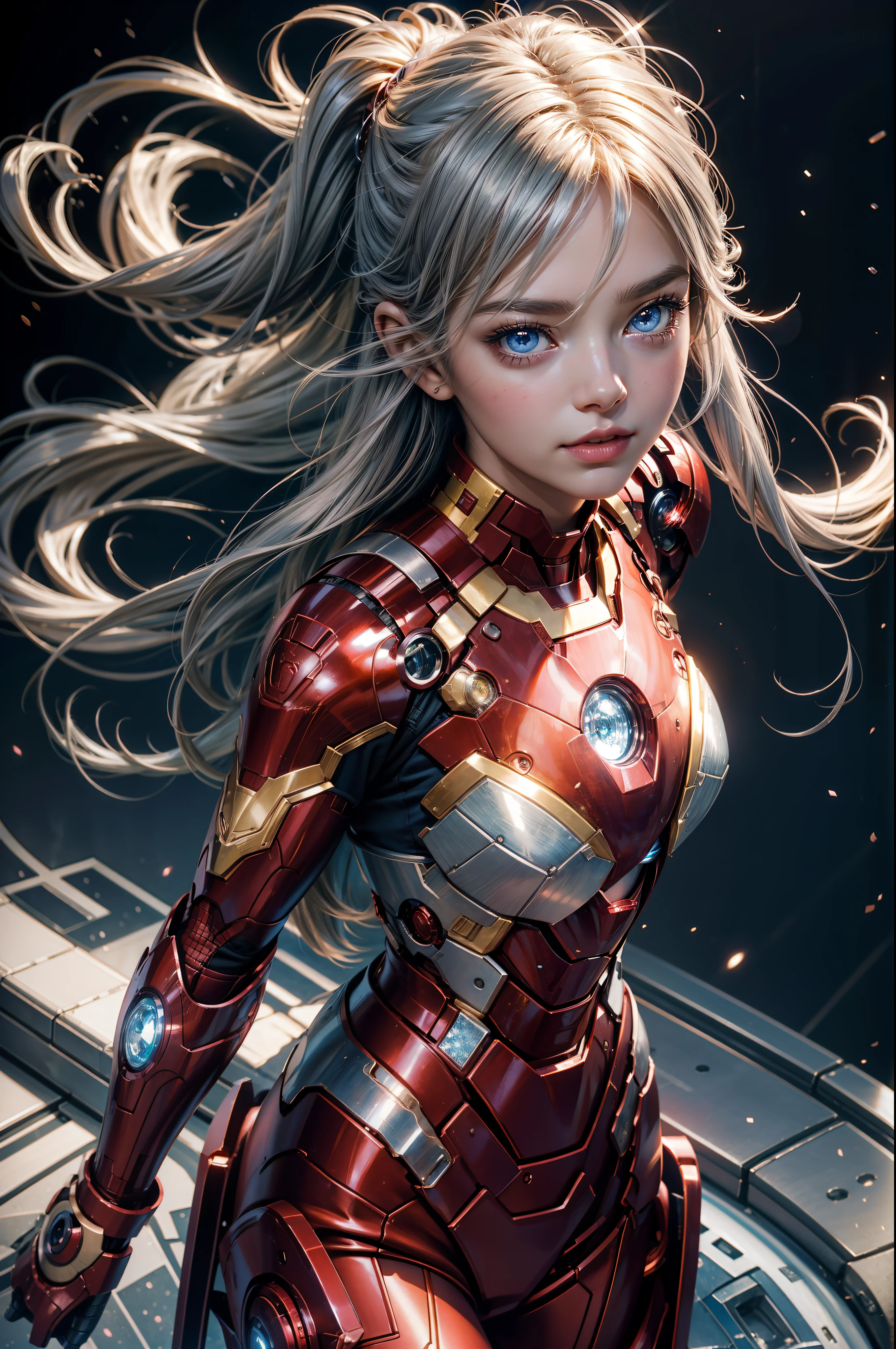 1Girl, Solo, Girl dressed up as Iron Man, super fine illustration, an extremely delicate and beautiful, Best Quality, sky blue eyes, Silver-haired hair, Realistic eyelashes and pupils, Cute, Lovely, graceful, Glow, glaring, glittering, radiant, sparkling, Magical, Dreamy, captivating, ethereal, mystical, afterlife, celestial. street background, Sorrisos