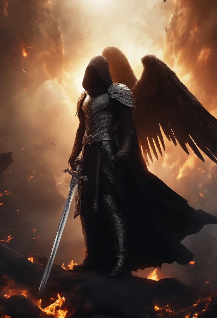 Realistic, 4K, Angels with big wings, Black clothes, one sword, Head hood in war background image (chaos)