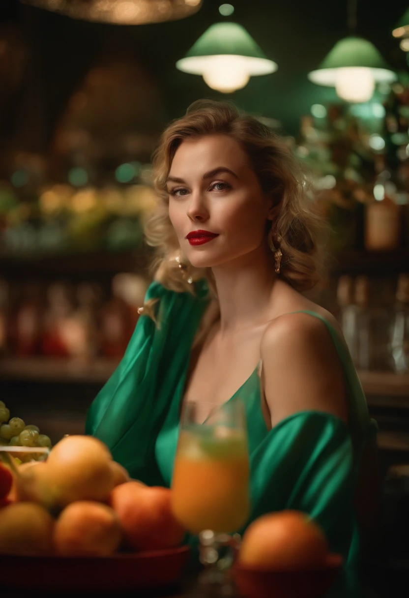 blond woman in green dress holding a glass of orange juice, irina nordsol kuzmina, attractive woman, soft portrait shot 8 k, gorgeous lady, anastasia ovchinnikova, olga buzova, aleksandra waliszewska, yelena belova, tv commercial, with a drink, gorgeous woman, attractive girl, champagne commercial, angelina stroganova