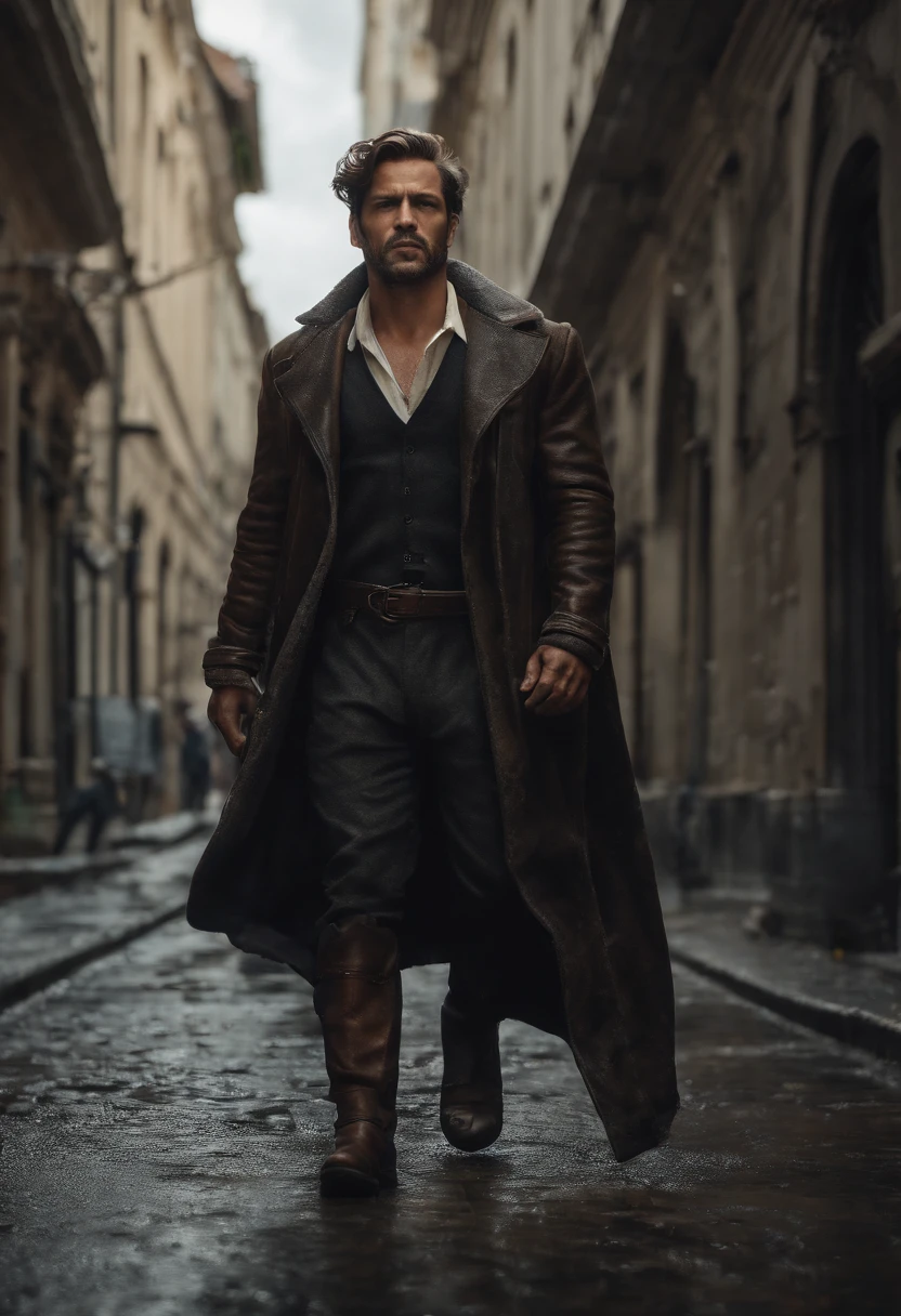 (Professional 3D rendering:1.3) de (Realistic:1.3) Foto de arte mais bonita do mundo,Features soft, bright male heroes, ((Epic Modern futuristic hero fantasy muscular man rough hero angry look messy hair short beard and fierce expression in dynamic pose, fantastic location, majestoso ambiente desordenado)), corpo inteiro 8k unidade render, action shot, poros da pele, Dark lighting, sombreamento pesado, circunstanciado, Rosto detalhado, (vibrante, fotogrdeia realista, Realistic, Dramatic, Escuro, foco nítido, 8k), (Old leather clothes damaged by bad weather:1.4), ((((Use peles)))), (intrincado:1.4), decadente, (altamente detalhado:1.4), pintura digital, rendering by octane, art stations, Conceito-Arte, liso, foco nítido, illustration, germe da arte, (Loish:0.23), Wlop Ilya Kuvshinov, e Greg Rutkowski e Alphonse Mucha, (global ilumination, studiolight, Light Volumetric), chuva forte, floating particles, patife, fantasia, Onze, corpo inteiroesbian, ((Fundo escuro e antigo da cidade:1.3)),CGSesociedade,art stations
